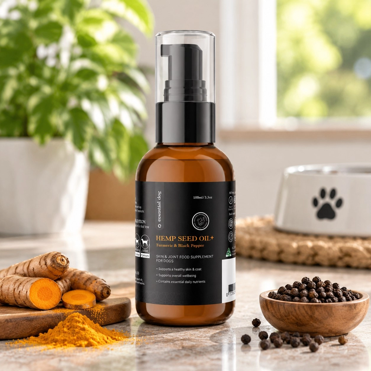 Essential Dog Huile de graines de chanvre crue à 100 % : Curcuma et poivre noir (complément alimentaire)