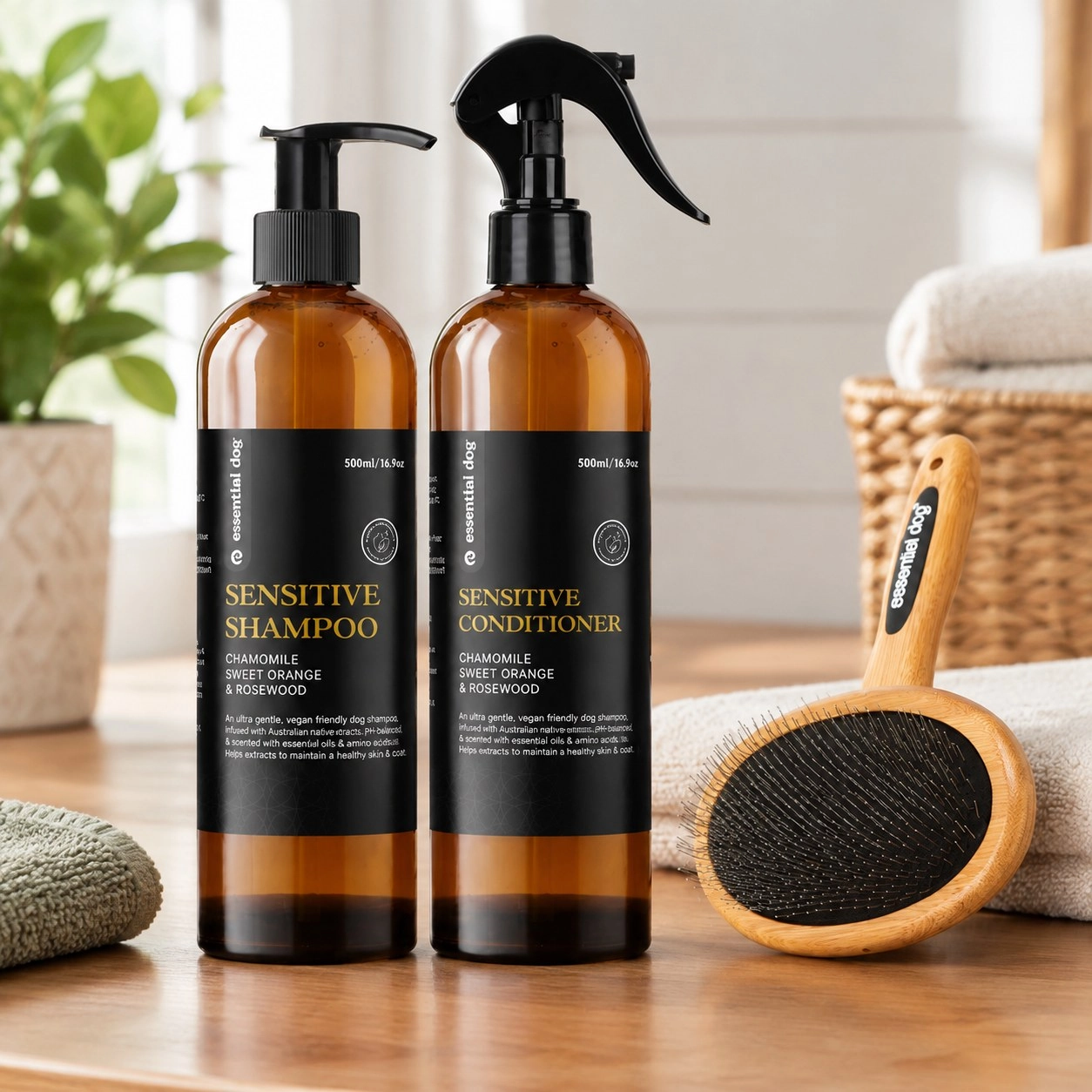 Essential Dog Shampooing et après-shampoing sensibles 500ml & Brosse en bambou naturel — Toilettage