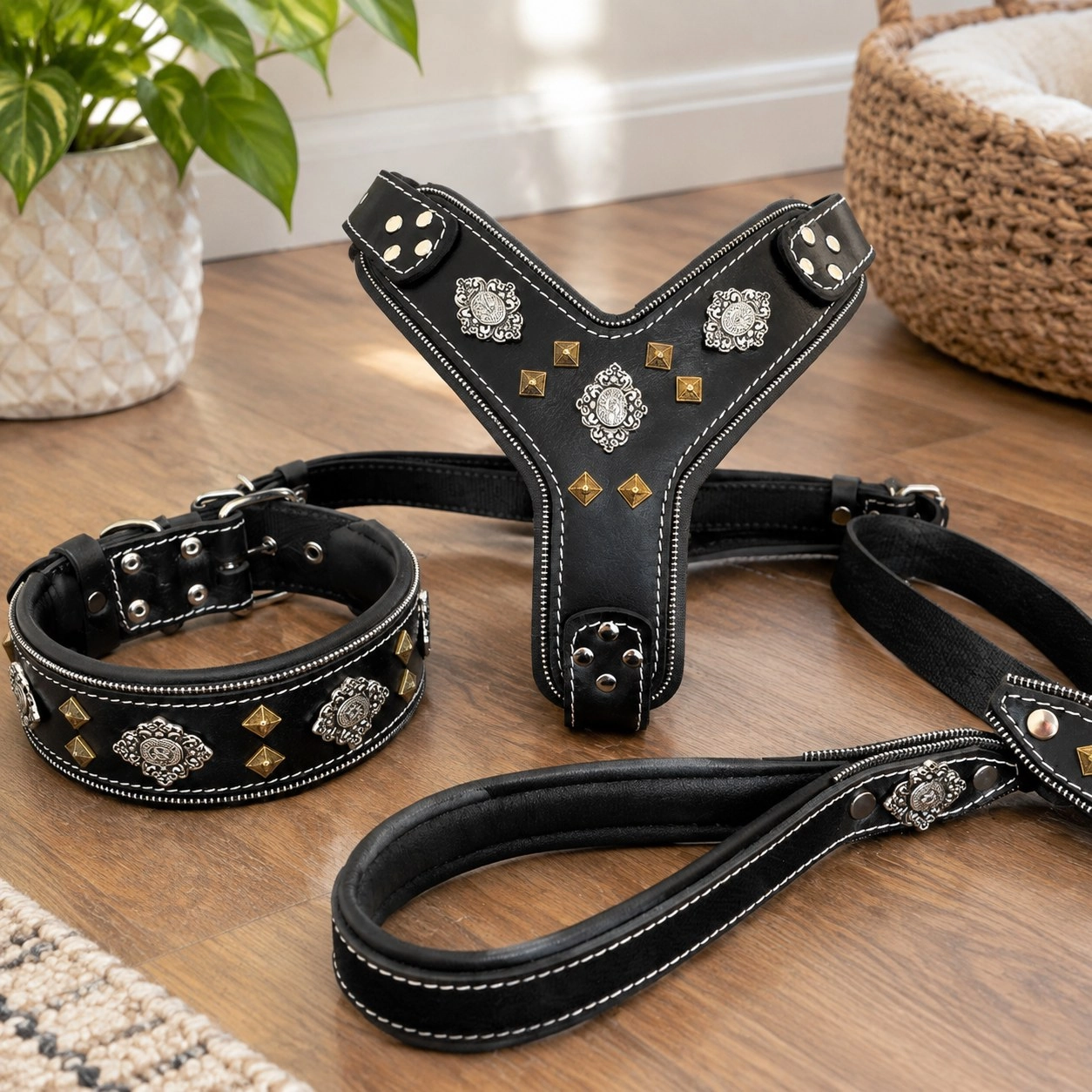 Bestia "AZTEC" GRAND ensemble pour chien - Harnais - collier - laisse. Noir