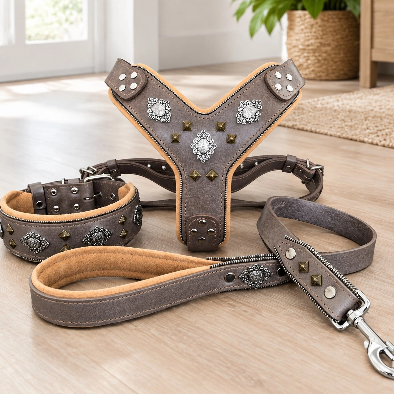 Bestia "AZTEC" GRAND ensemble pour chien - Harnais - collier - laisse. Gris