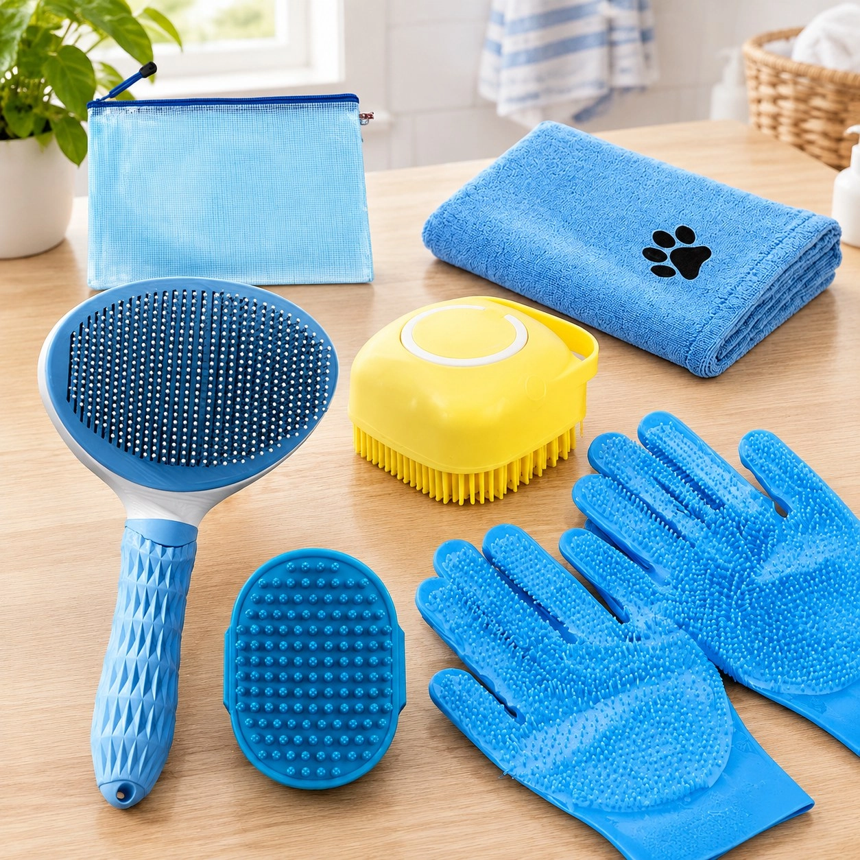 Tm Kit de toilettage pour bain canine avec brosse, 6 pièces avec gants et serviette