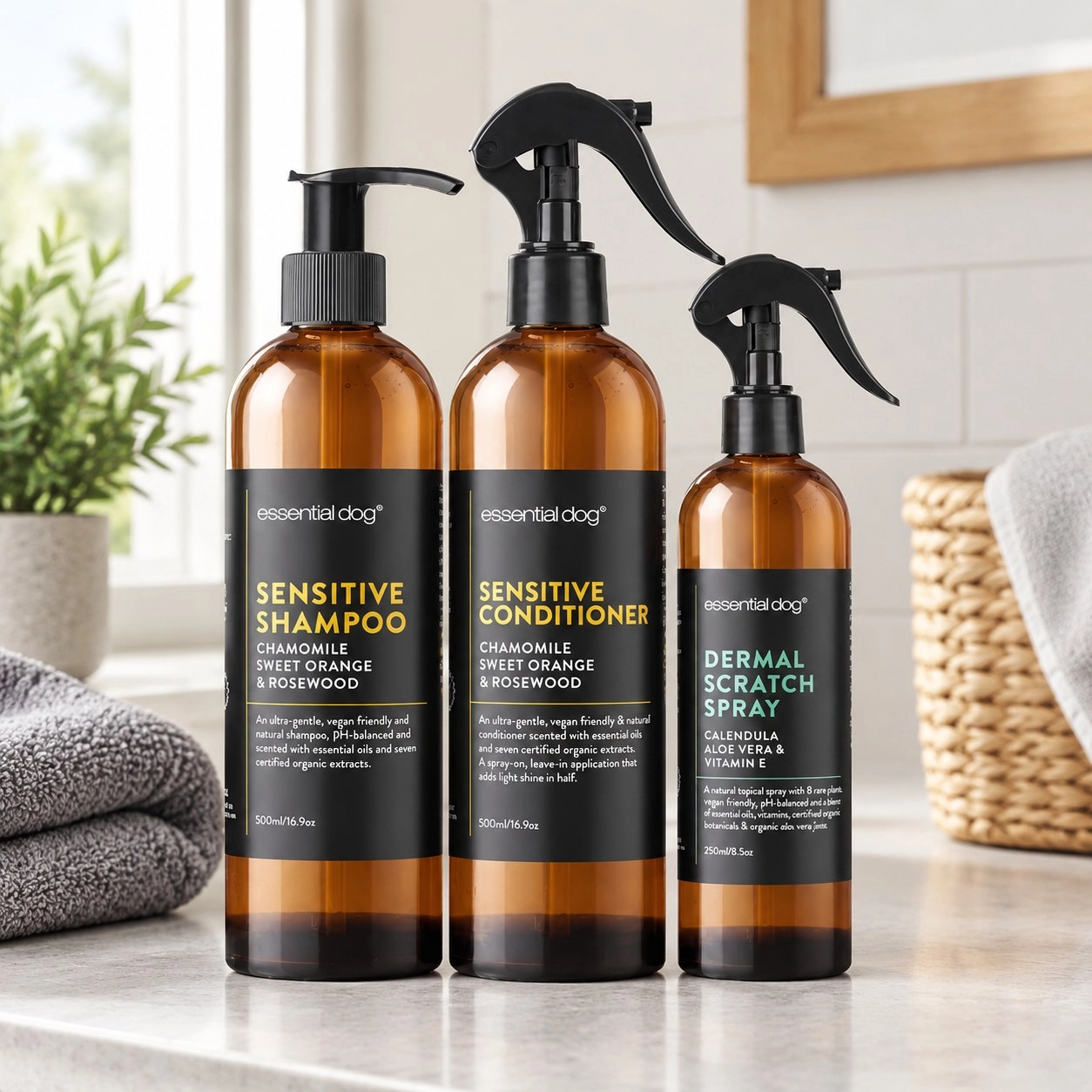 Essential Dog Shampooing pour chien, après-shampoing et spray dermique anti-démangeaisons (Peau sensible) — Toilettage