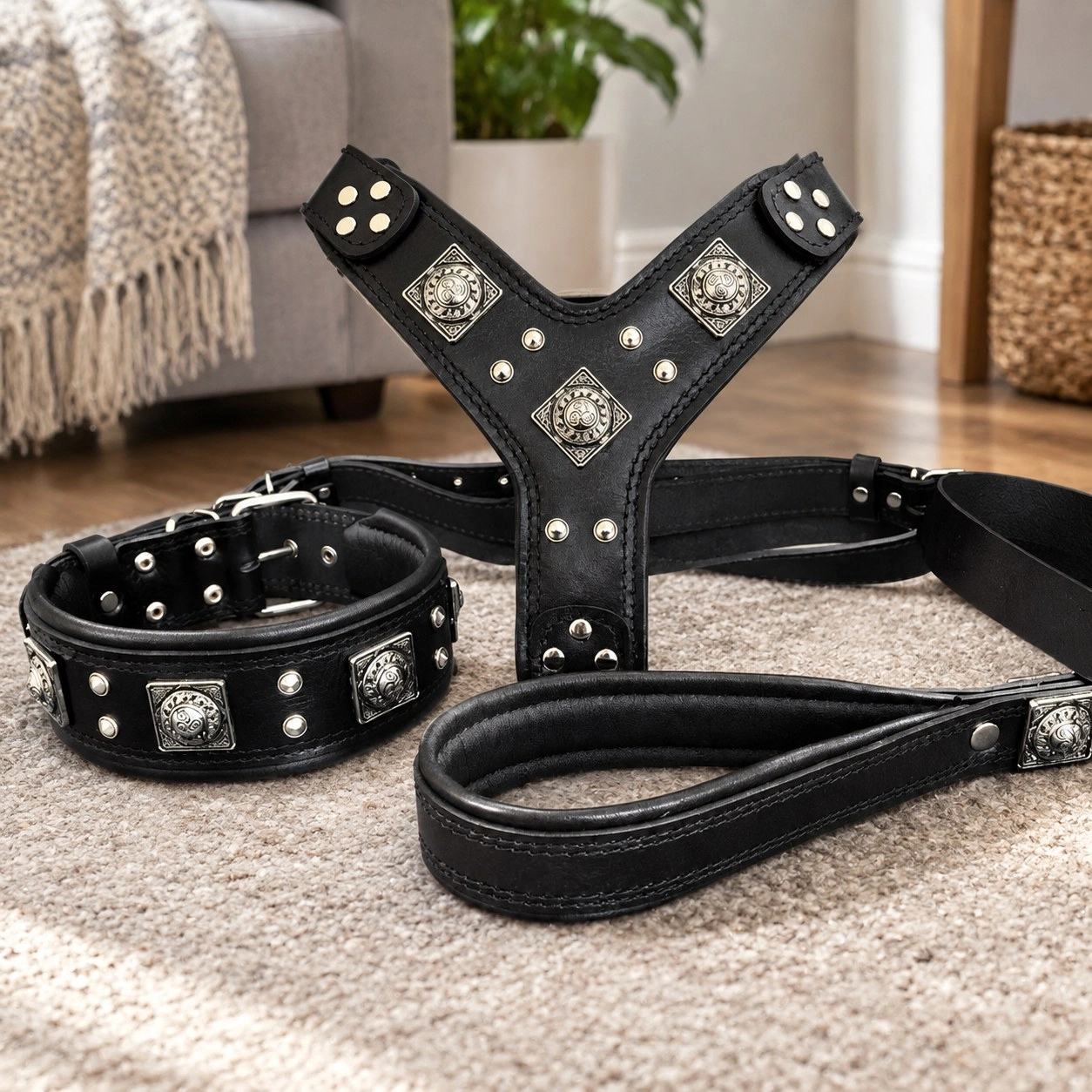 Bestia "EROS" BIG dog SET- Harnais - collier - laisse. Tout noir