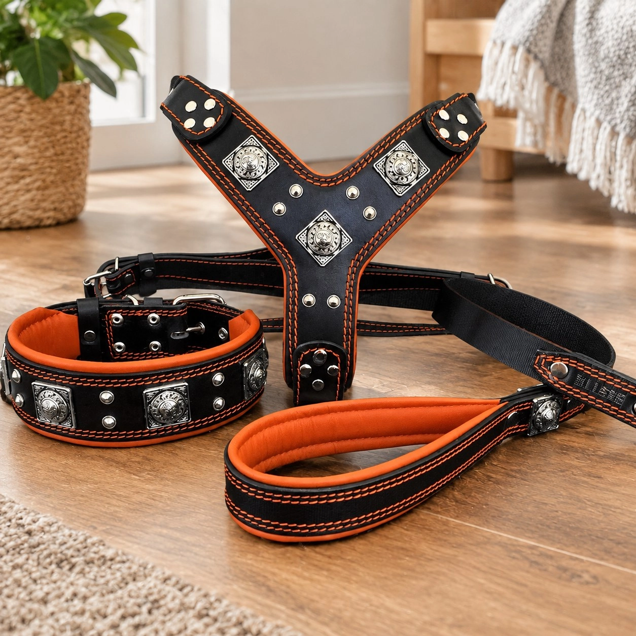 Bestia "EROS" BIG dog SET- Harnais - collier - laisse. Noir & Orange