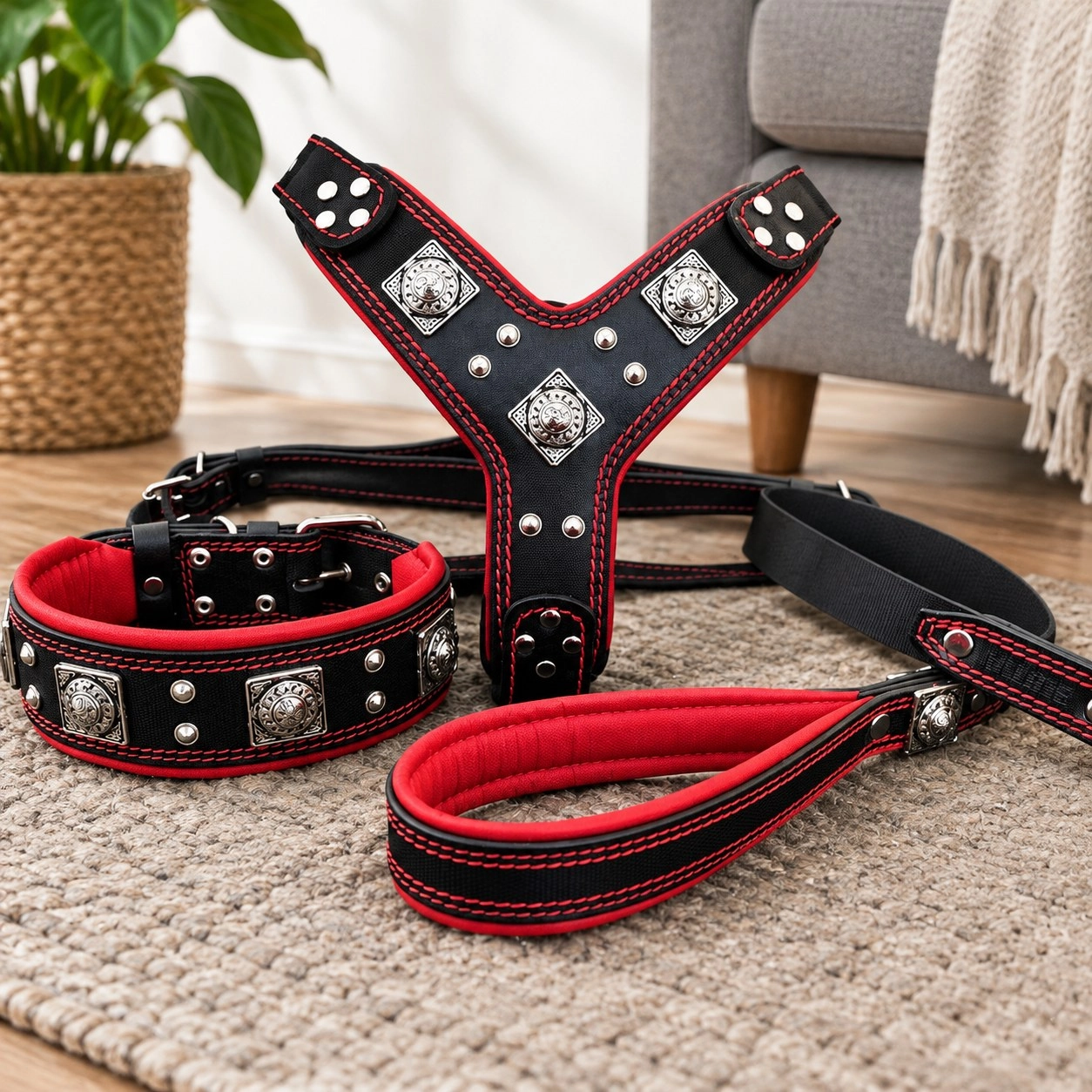Bestia "EROS" BIG dog SET- Harnais - collier - laisse. Noir & Rouge