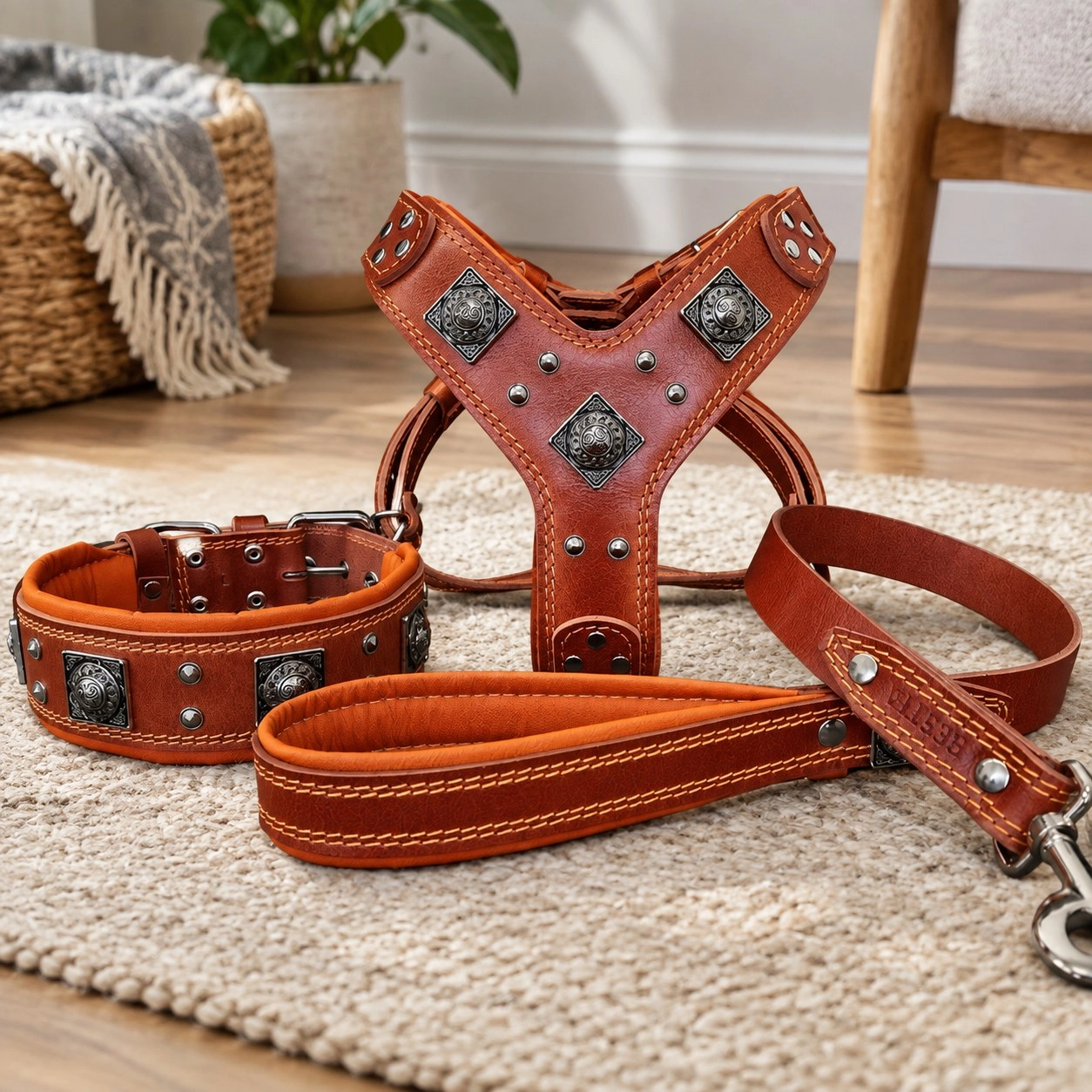 Bestia "EROS" BIG dog SET- Harnais - collier - laisse. Marron & Orange