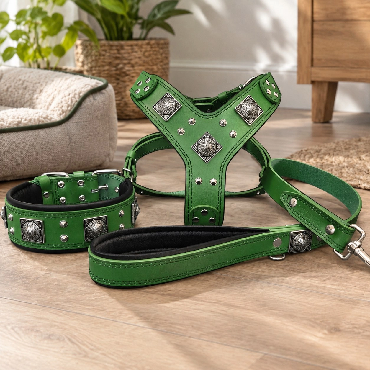 Bestia "EROS" BIG dog SET- Harnais - collier - laisse. Vert