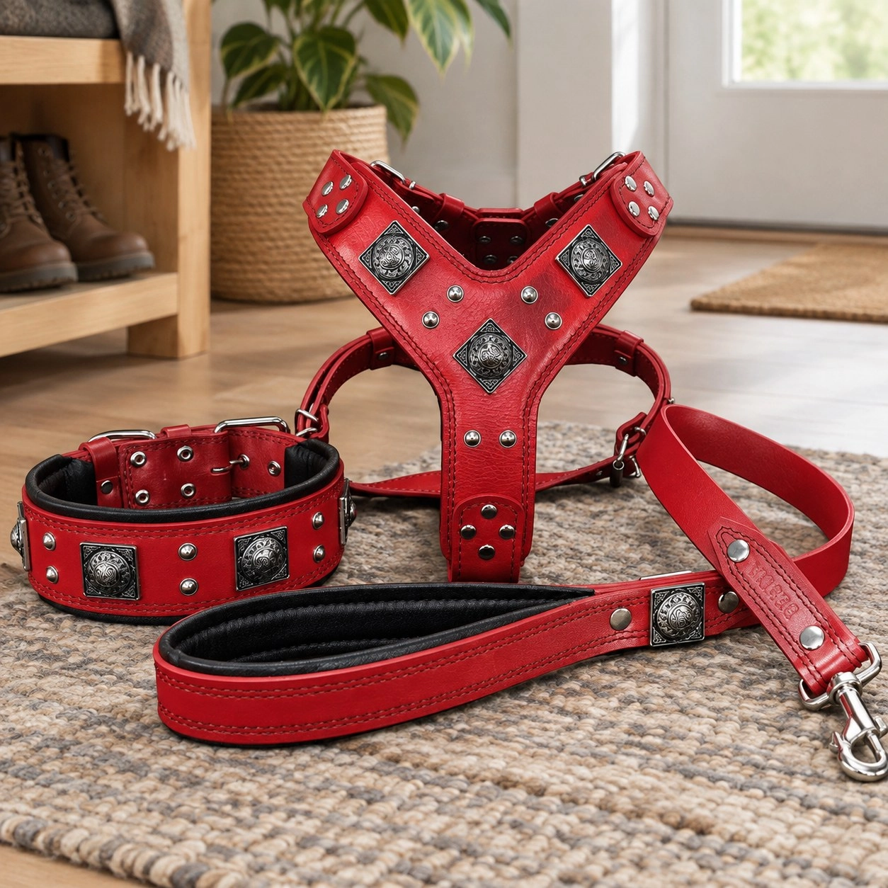 Bestia "EROS" BIG dog SET- Harnais - collier - laisse. Rouge