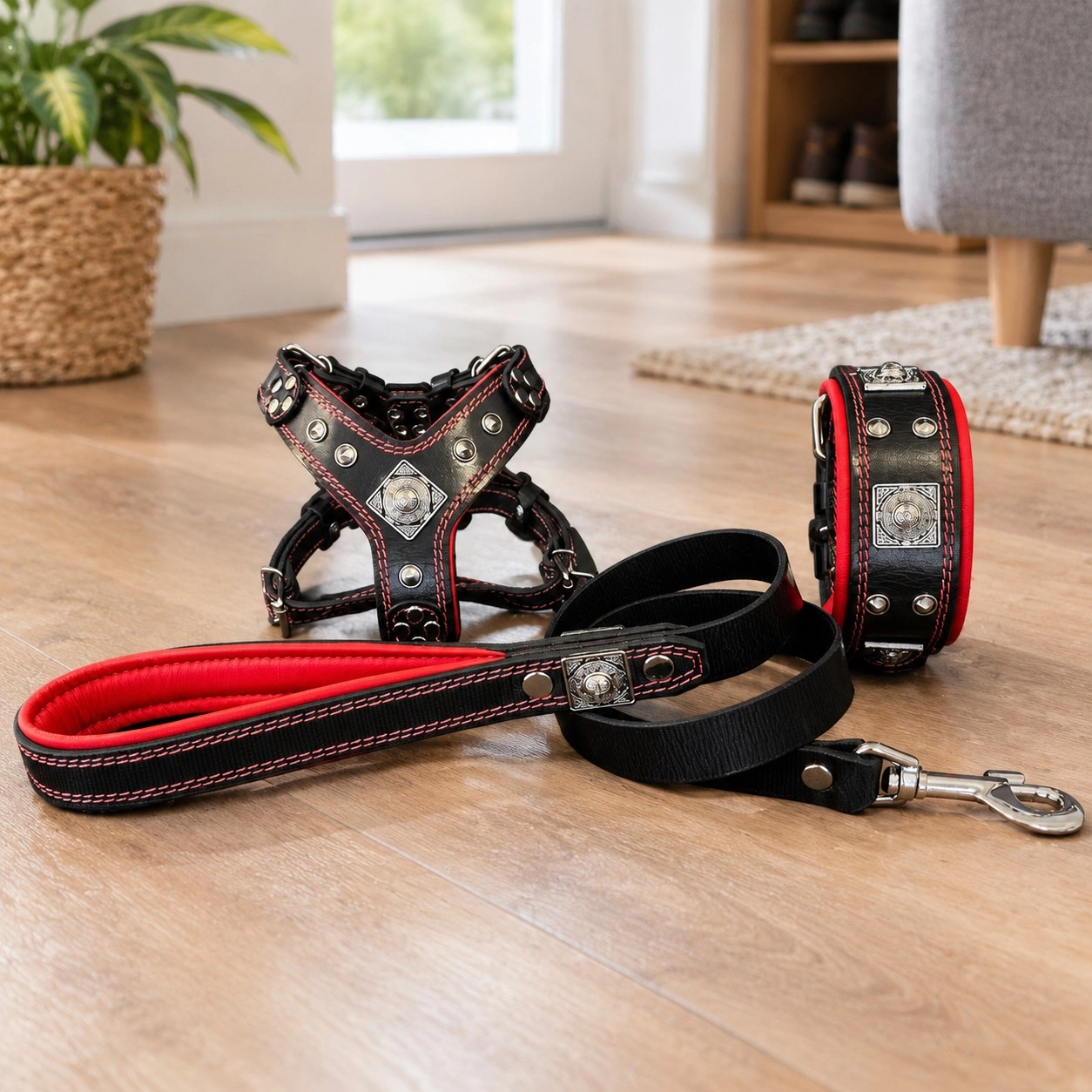 Bestia "EROS" SET pour chien petite à moyenne taille - Harnais - collier - laisse Black&Red