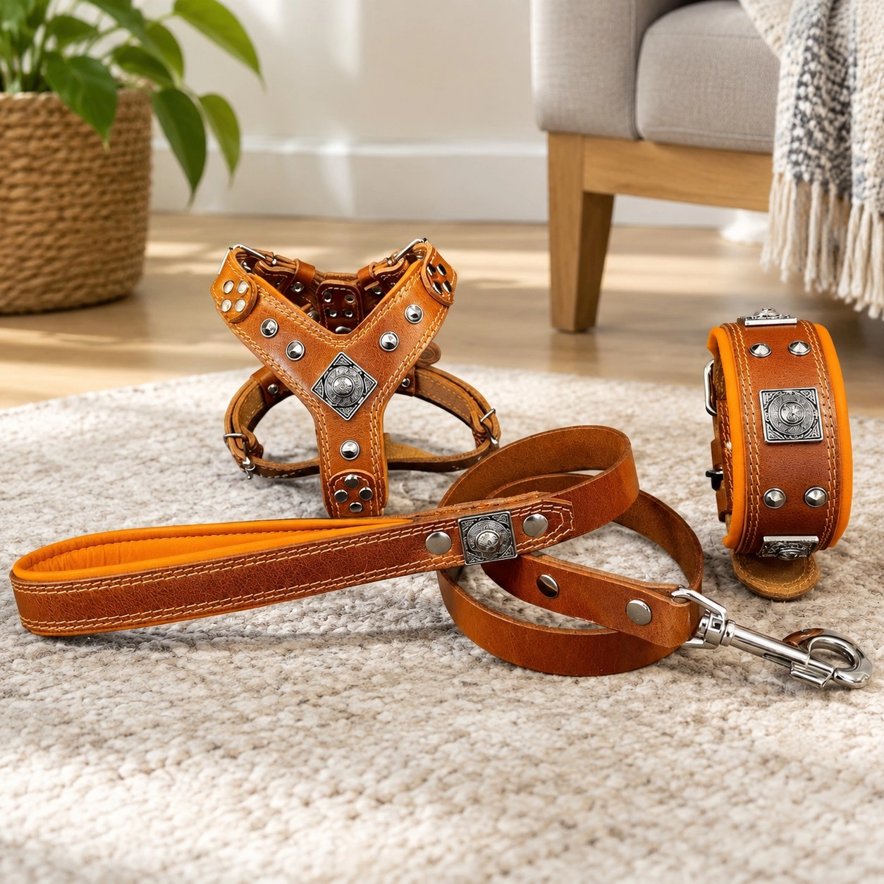 Bestia "EROS" SET pour chien petite à moyenne taille - Harnais - collier - laisse. Marron