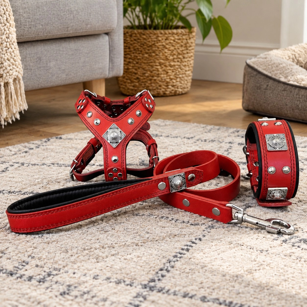 Bestia "EROS" SET pour chien de petite à moyenne taille - Harnais - collier - laisse. Rouge