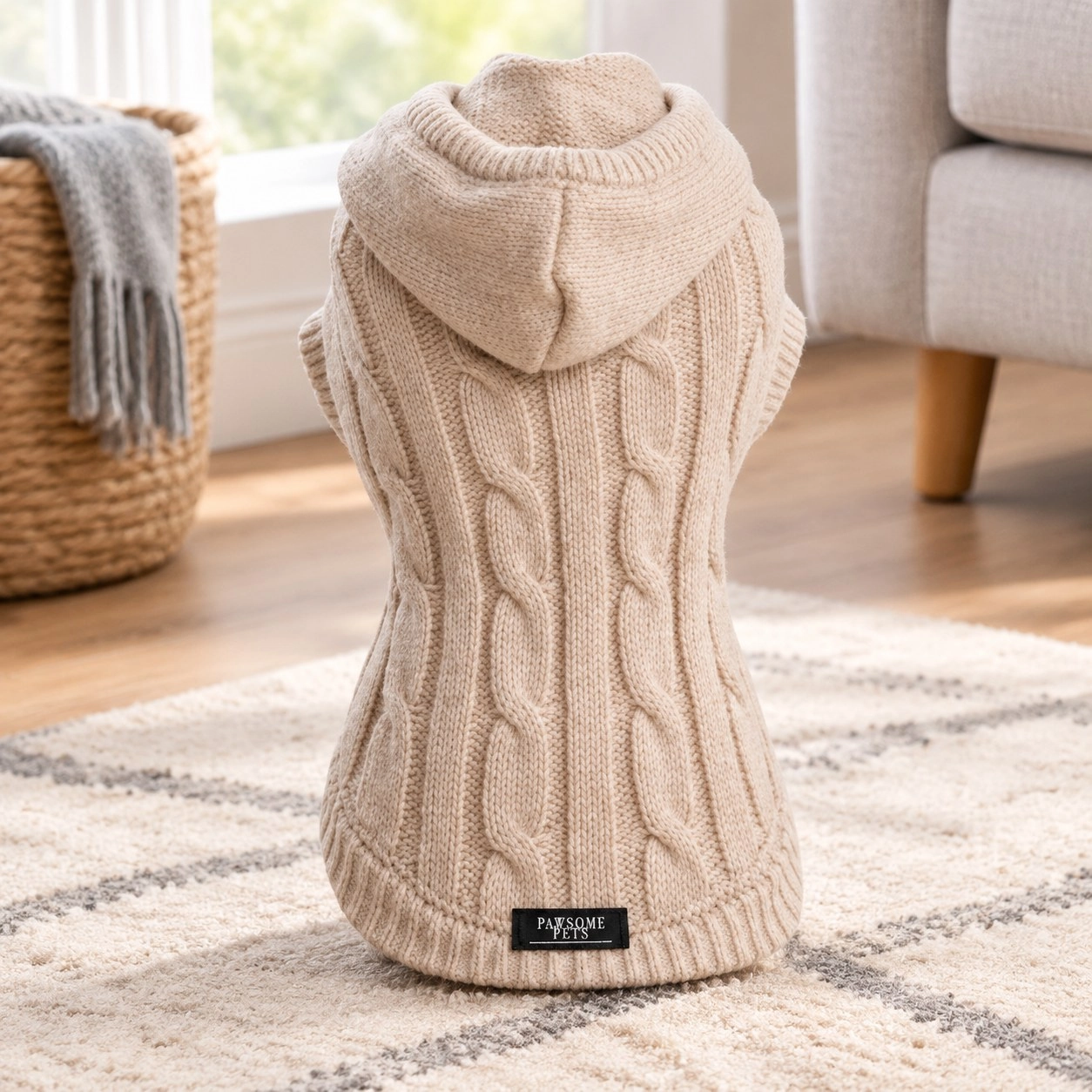 Pawsome Pets New York (Extra warm) pull tricoté pour chien et chat avec bonnet - Beige — Vêtements pour chiens