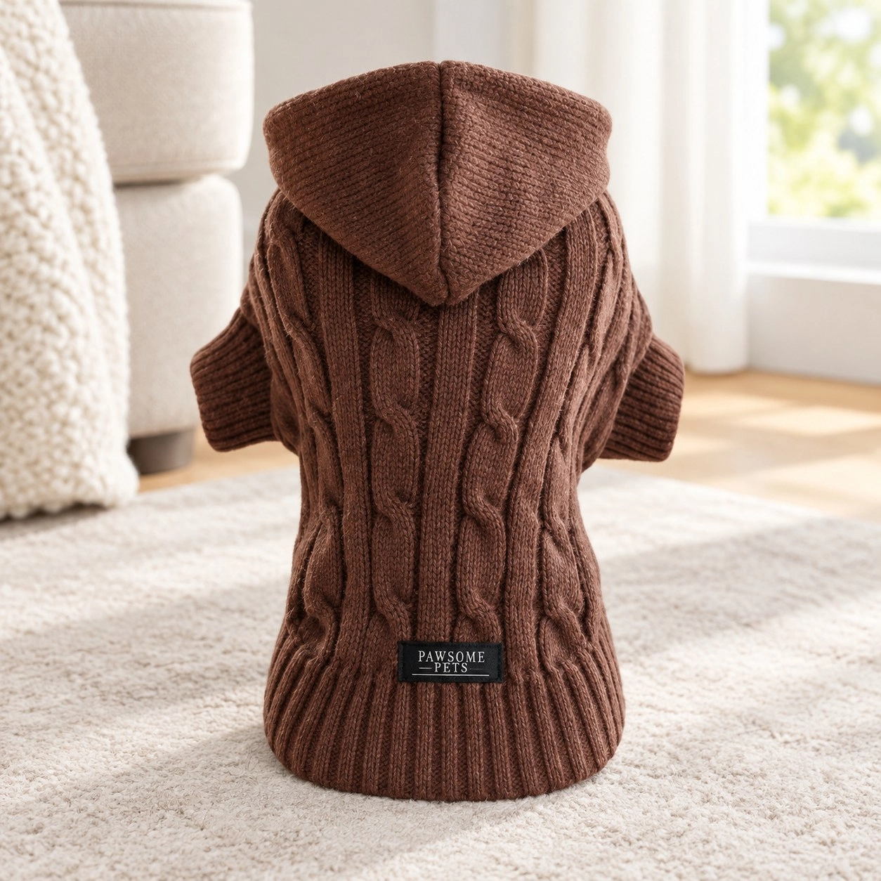 Pawsome Pets New York (Extra warm) pull tricoté pour chien et chat avec bonnet - Marron — Vêtements pour chiens