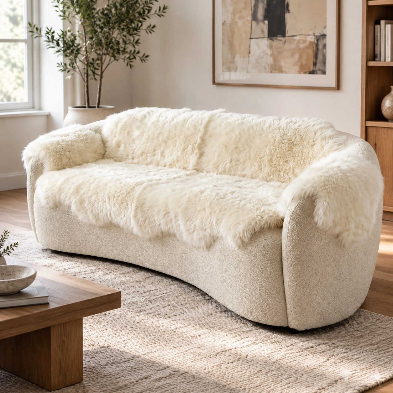 MellowConceptStore Housse de canapé en peau de mouton ivoire véritable pour chiens — Protecteur naturel de canapé (Sans plastique) — Paniers et caisses