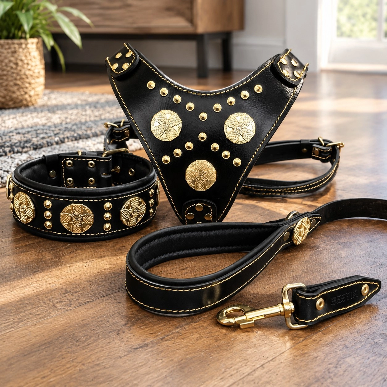 Bestia "Maximus Black" BIG dog SET- Harnais - collier - laisse. Rivets en laiton