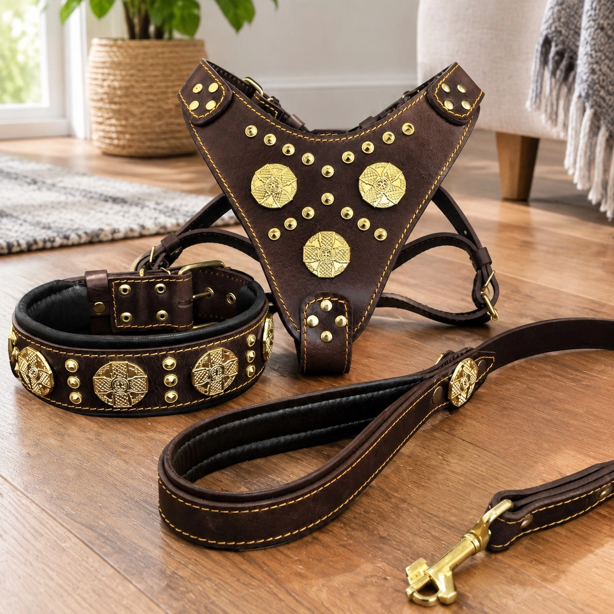 Bestia "Maximus Brown" BIG dog SET- Harnais - collier - laisse. Rivets en laiton