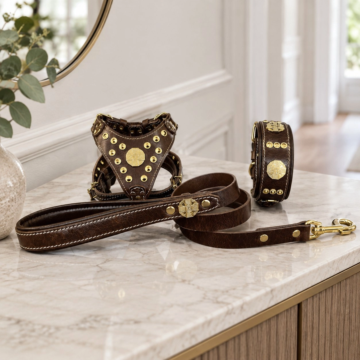 Bestia "Maximus Brown&Gold" Ensemble pour petit chien - Harnais - collier - laisse