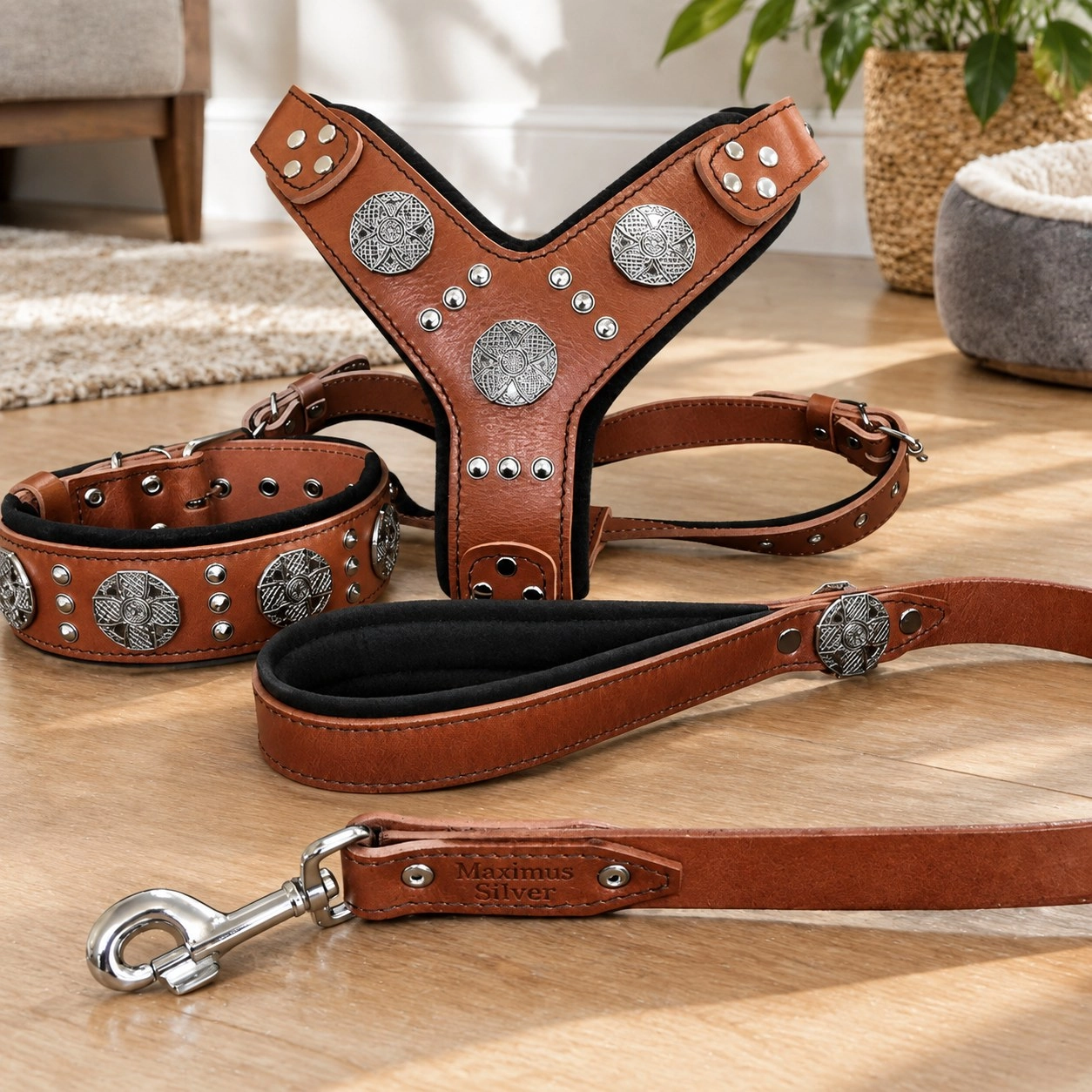 Bestia "Maximus Silver" SET pour grand chien - Harnais - collier - laisse. Marron