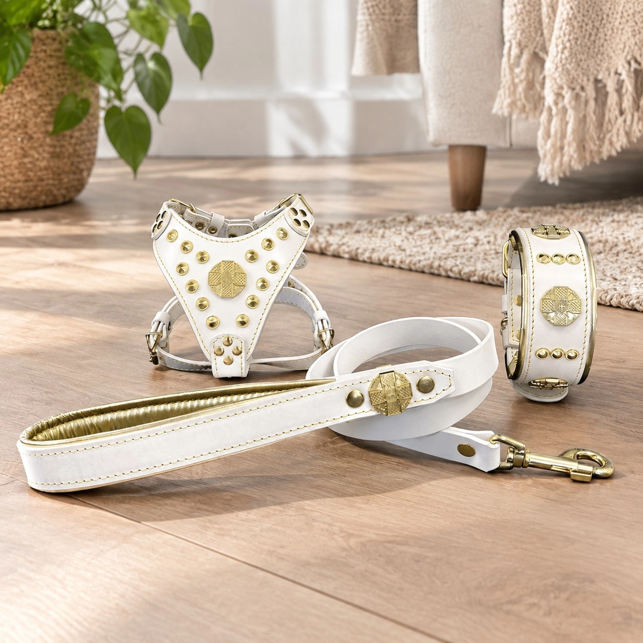 Bestia "Maximus White&Gold" SET pour petit chien - Harnais - collier - laisse