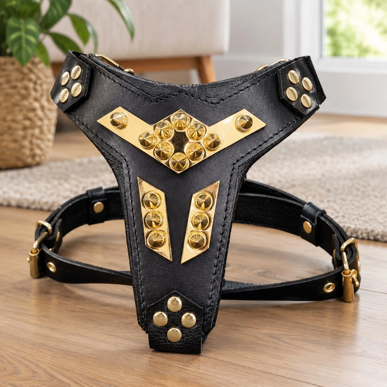 ''Midas'' leather dog harness gold medium size — Collars, leads and harnesses