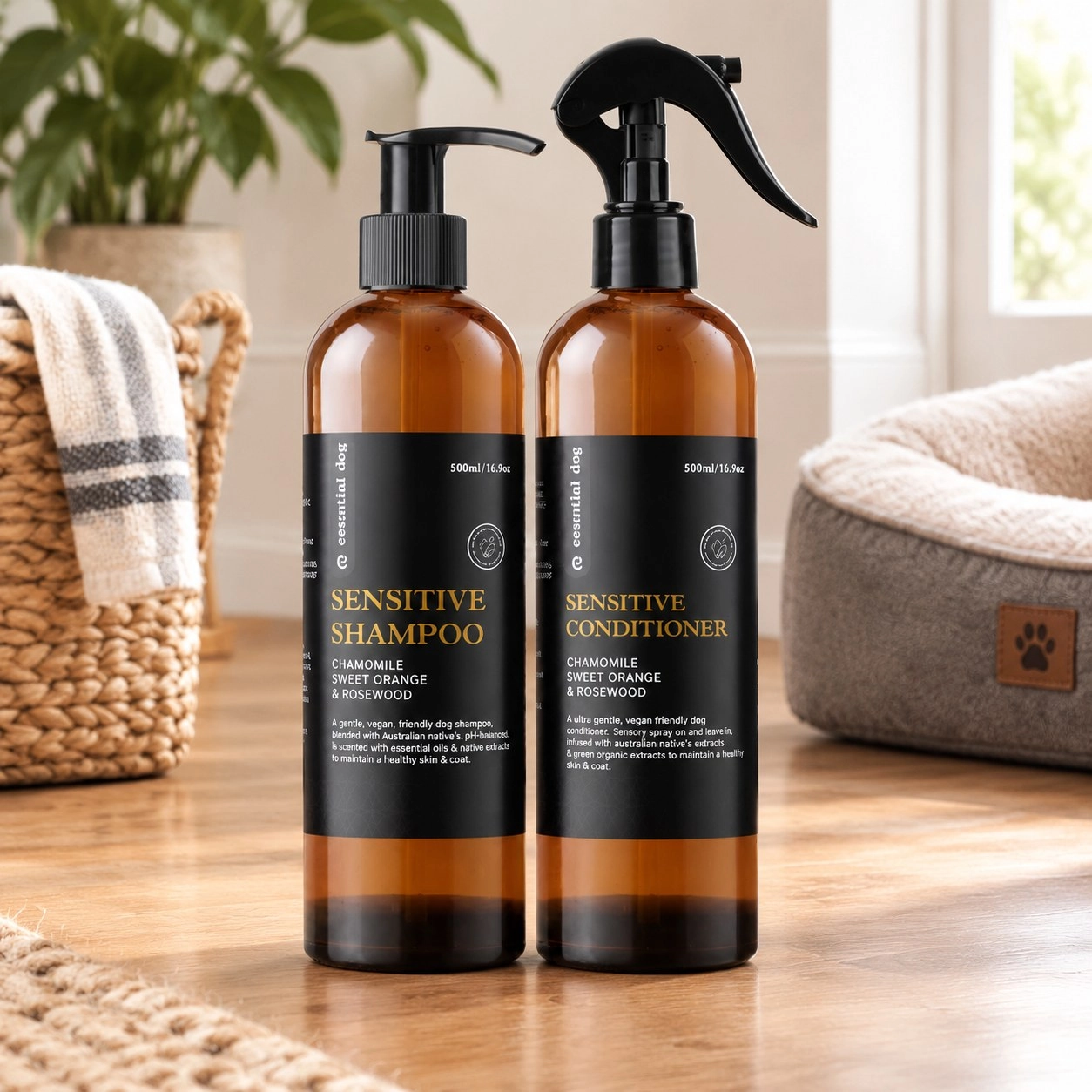 Essential Dog Pack shampooing et après-shampooing pour chien sensible : Camomille, Orange et Bois de rose — Toilettage