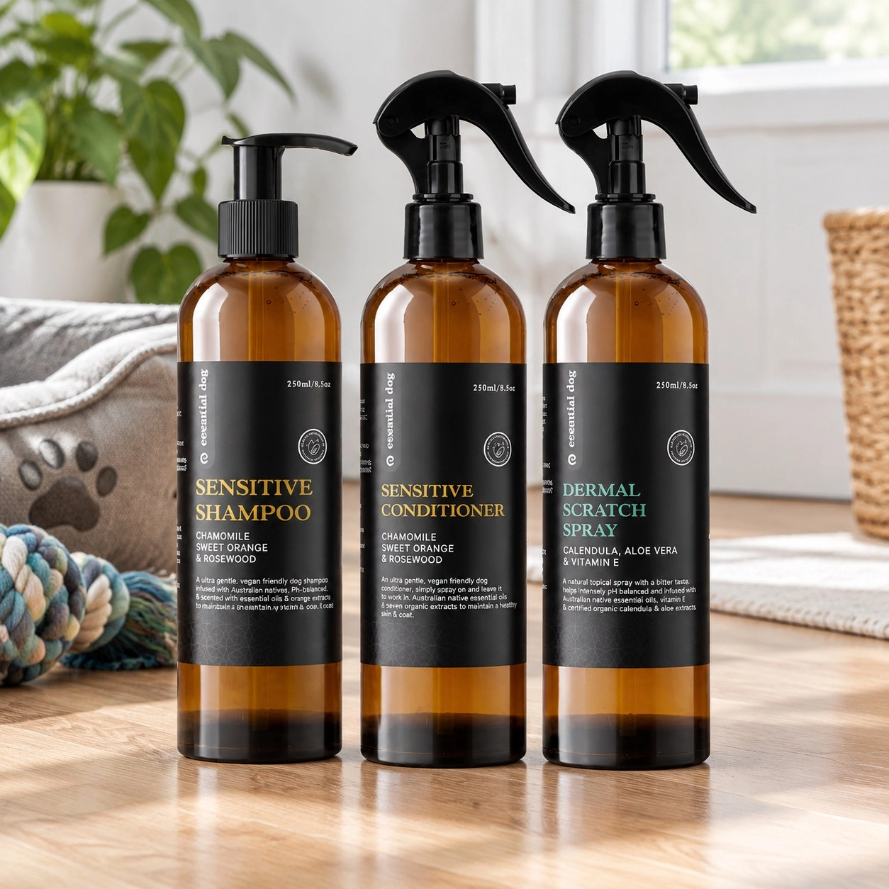 Essential Dog Pack Sensitive 1 : Shampooing, Après-shampooing et Spray Anti-Démangeaisons Cutanées — Toilettage