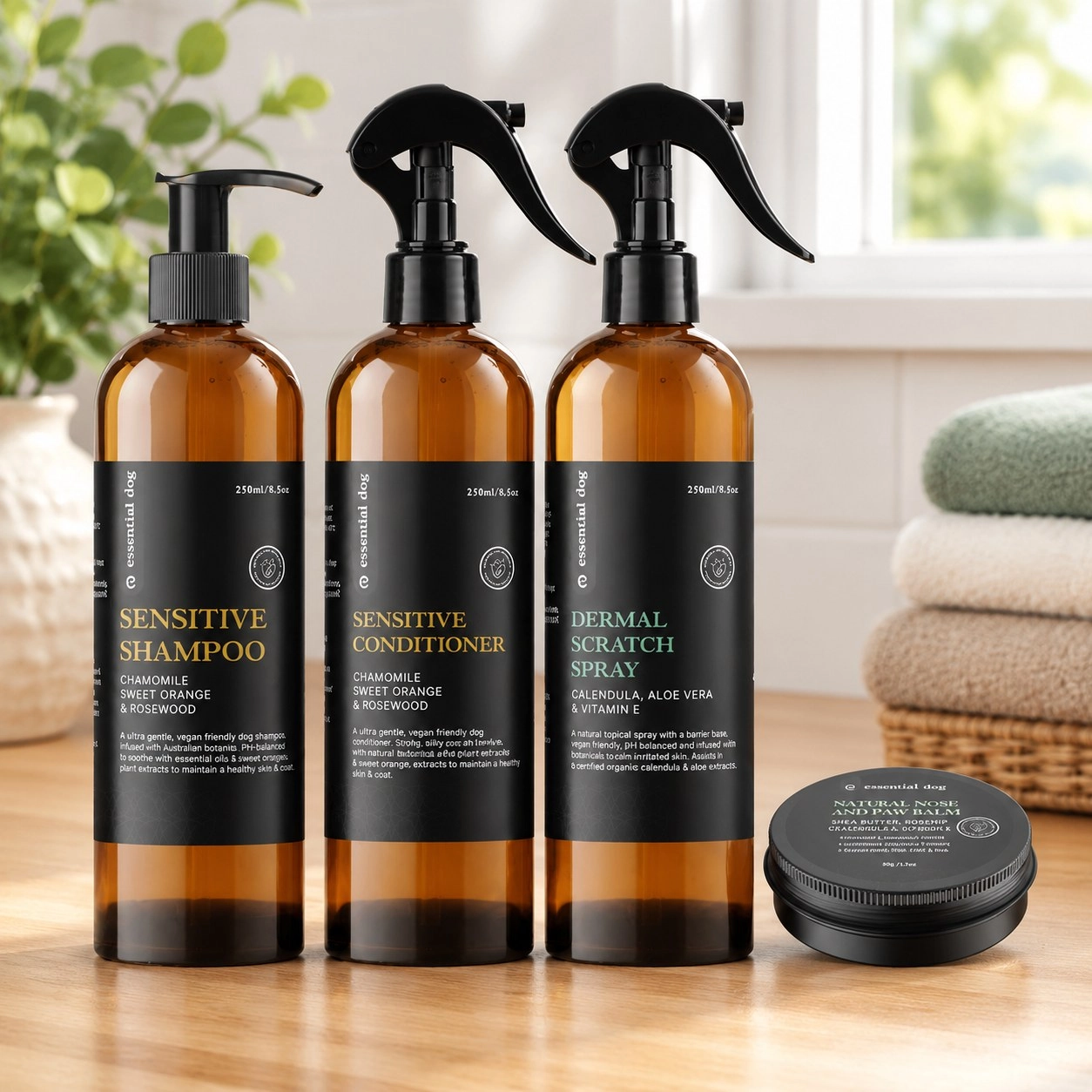 Essential Dog Pack Sensitive 3 : Shampooing, Après-shampooing, Baume & Spray Anti-Démangeaisons Cutanées — Toilettage