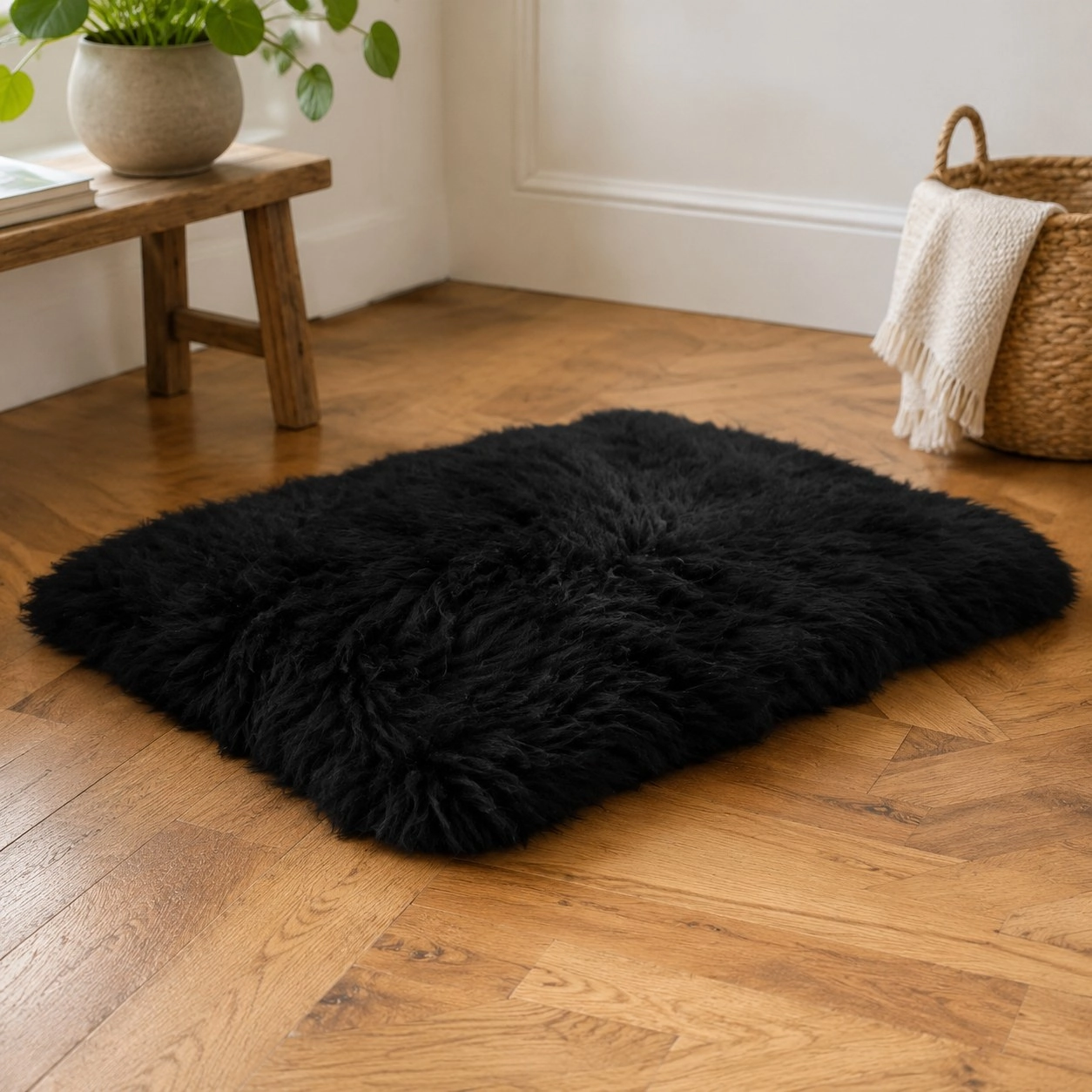 Mellow Pet Store Tapis pour animaux en peau de mouton naturelle carré ou rectangulaire - Noir — Paniers et caisses