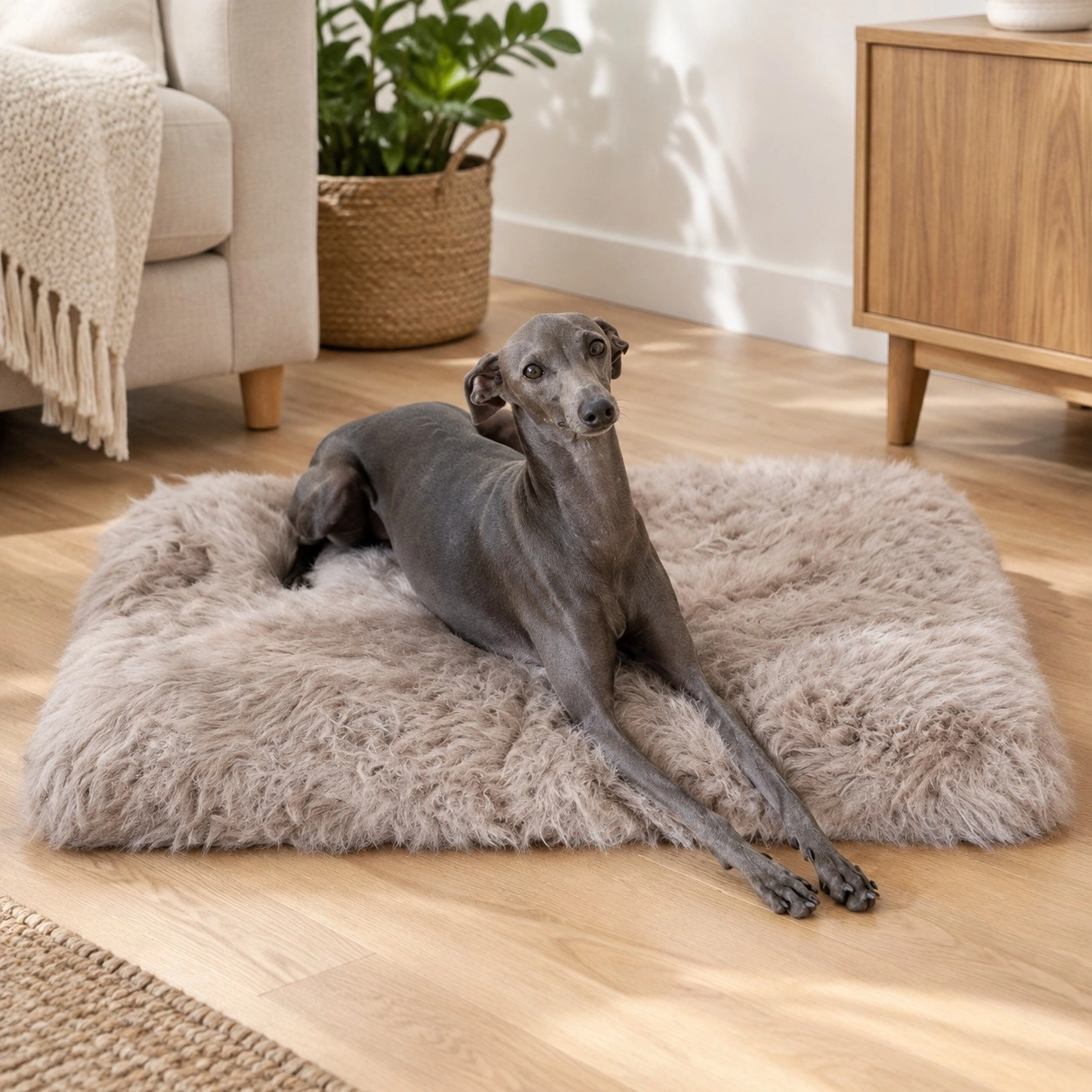 Mellow Pet Store Couchage carré ou rectangulaire en peau de mouton naturelle - Greige — Paniers et caisses