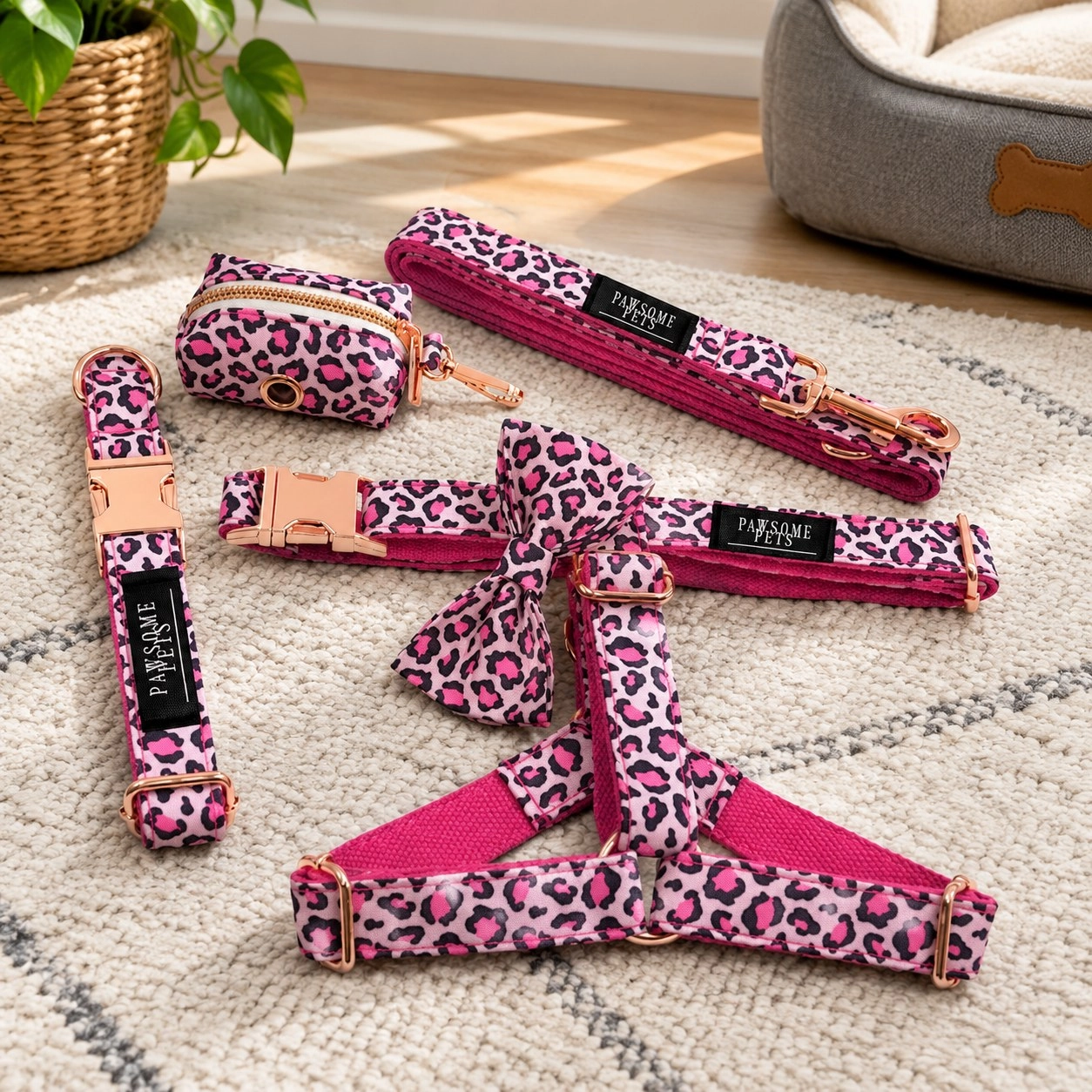 Pawsome Pets New York Ensemble step-in - Léopard rose (5 pièces) — Colliers, laisses et harnais