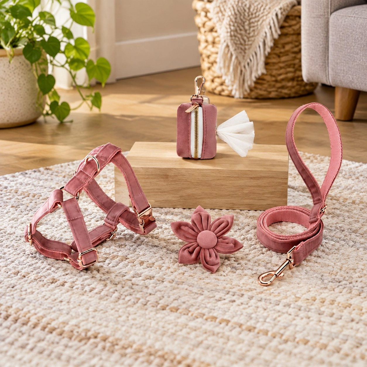 Pawsome Pets New York ENSEMBLE FLORAL STEP IN - ROSE PASTEL (4 pièces) — Colliers, laisses et harnais