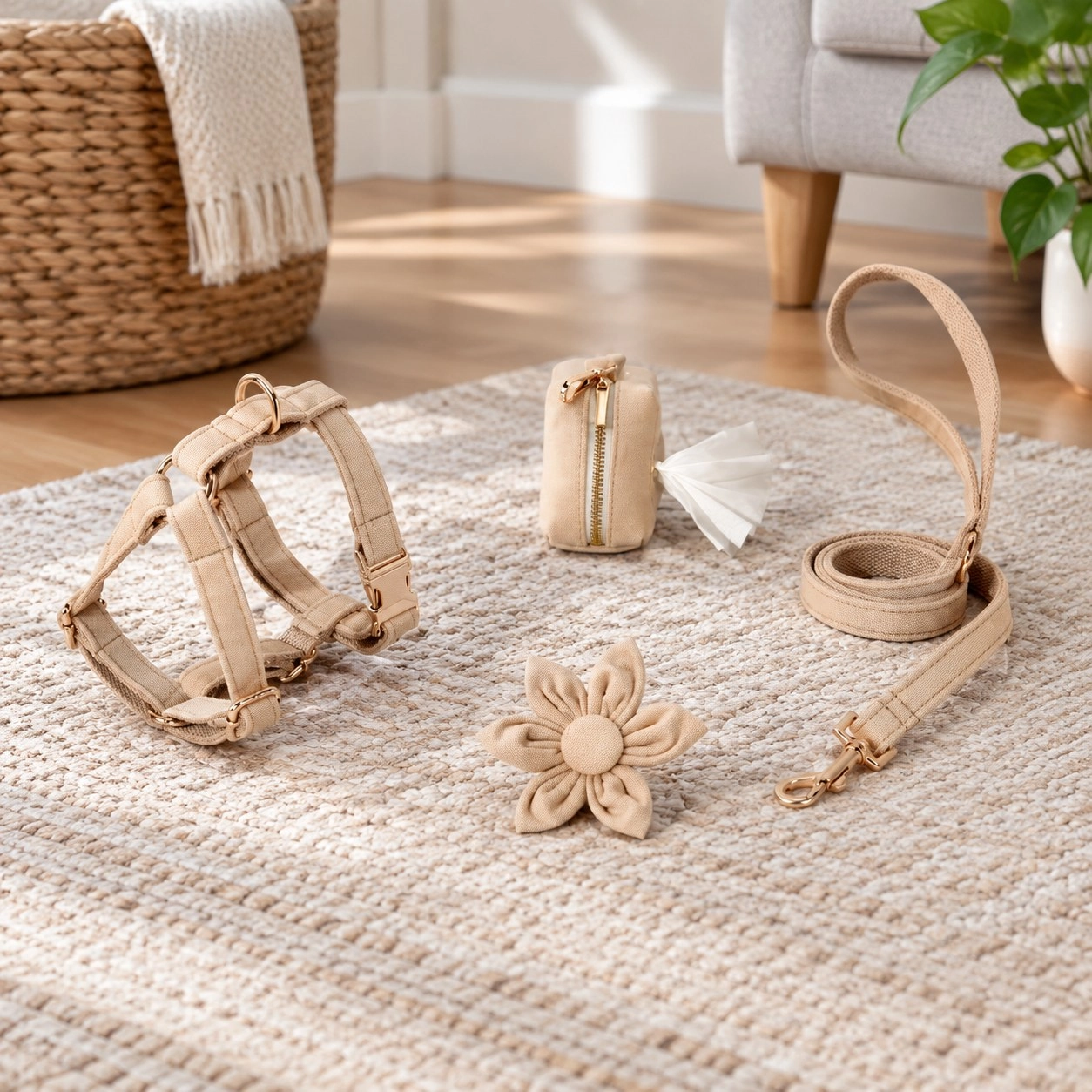 Pawsome Pets New York ENSEMBLE FLORAL STEP IN - BEIGE (4 pièces) — Colliers, laisses et harnais