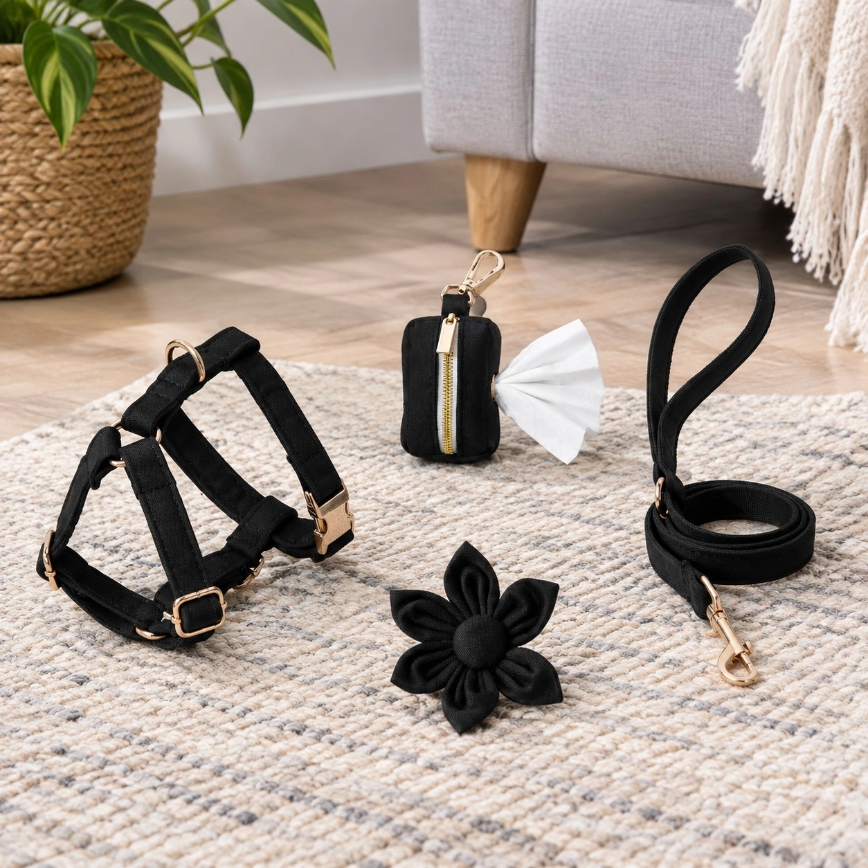 STEP IN FLORAL BUNDLE - BLACK (4 pieces) — Collars, leads and harnesses