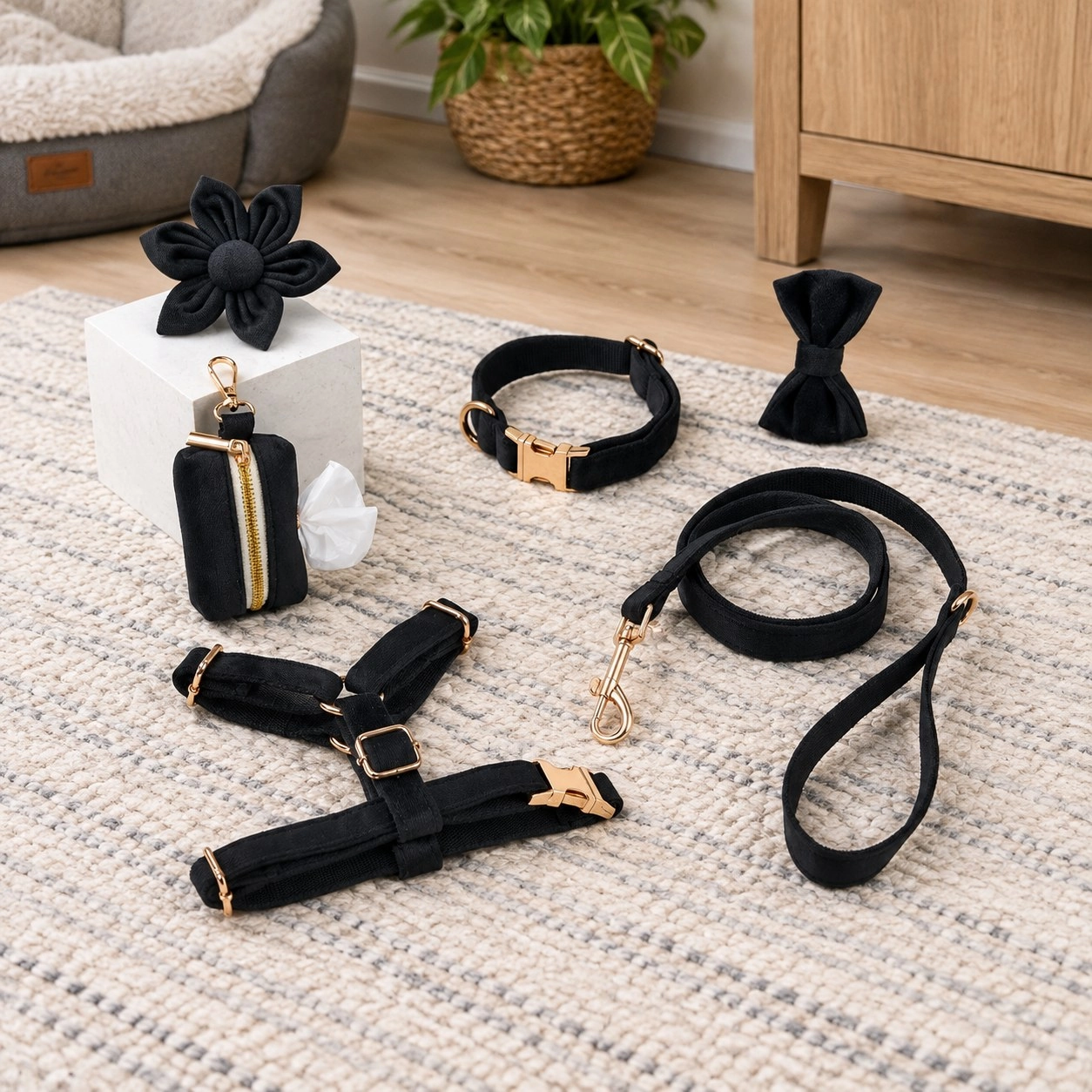Pawsome Pets New York ENSEMBLE FLORAL STEP IN - NOIR (6 pièces) — Colliers, laisses et harnais