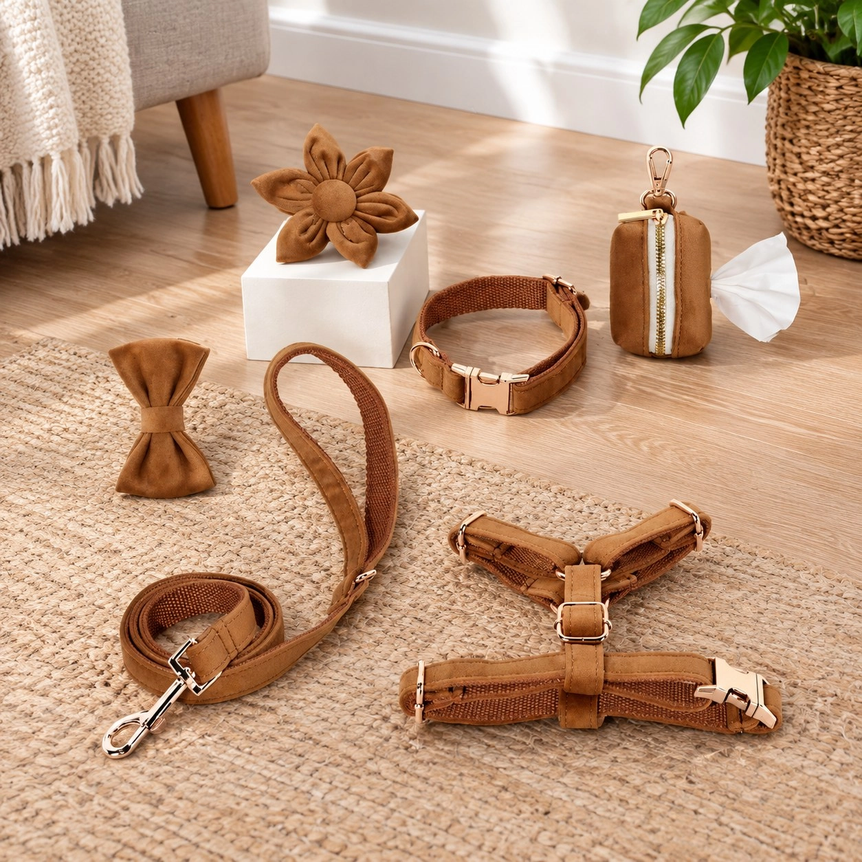 Pawsome Pets New York ENSEMBLE FLORAL STEP-IN - BRUN (6 pièces) — Colliers, laisses et harnais
