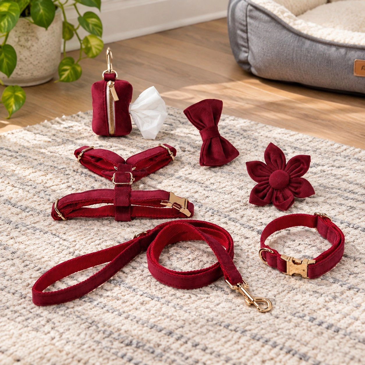Pawsome Pets New York ENSEMBLE FLORAL STEP IN - BOUQUET BORDEAUX (6 pièces) — Colliers, laisses et harnais