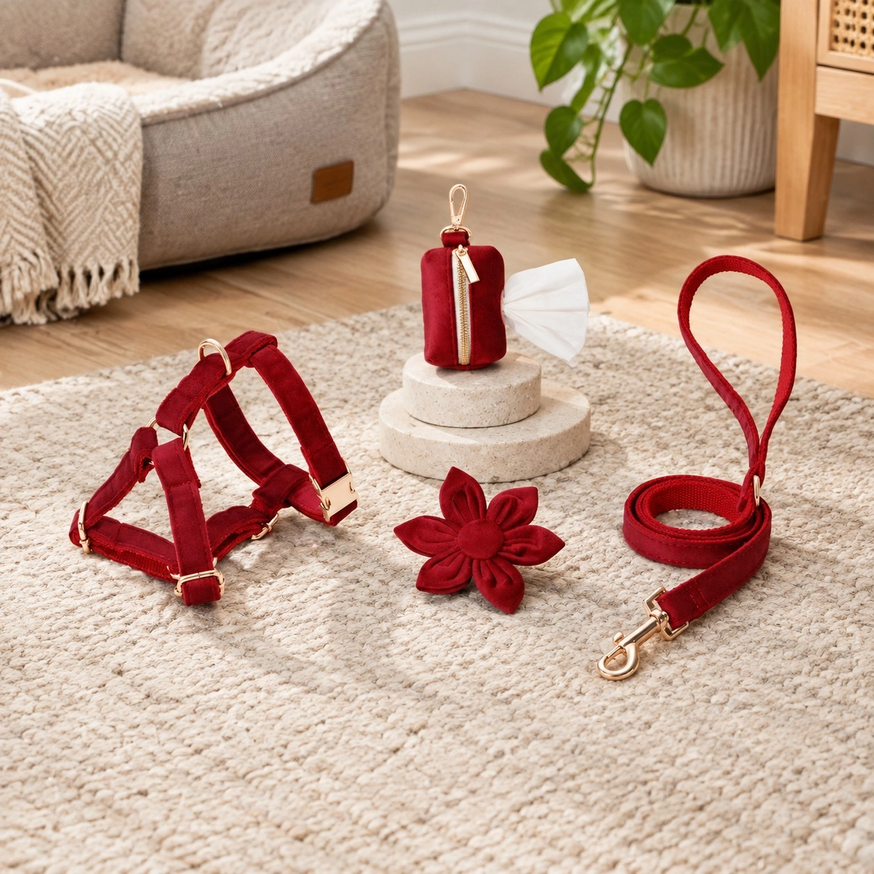 Pawsome Pets New York ENSEMBLE FLORAL STEP IN - BOUQUET BORDEAUX (4 pièces) — Colliers, laisses et harnais
