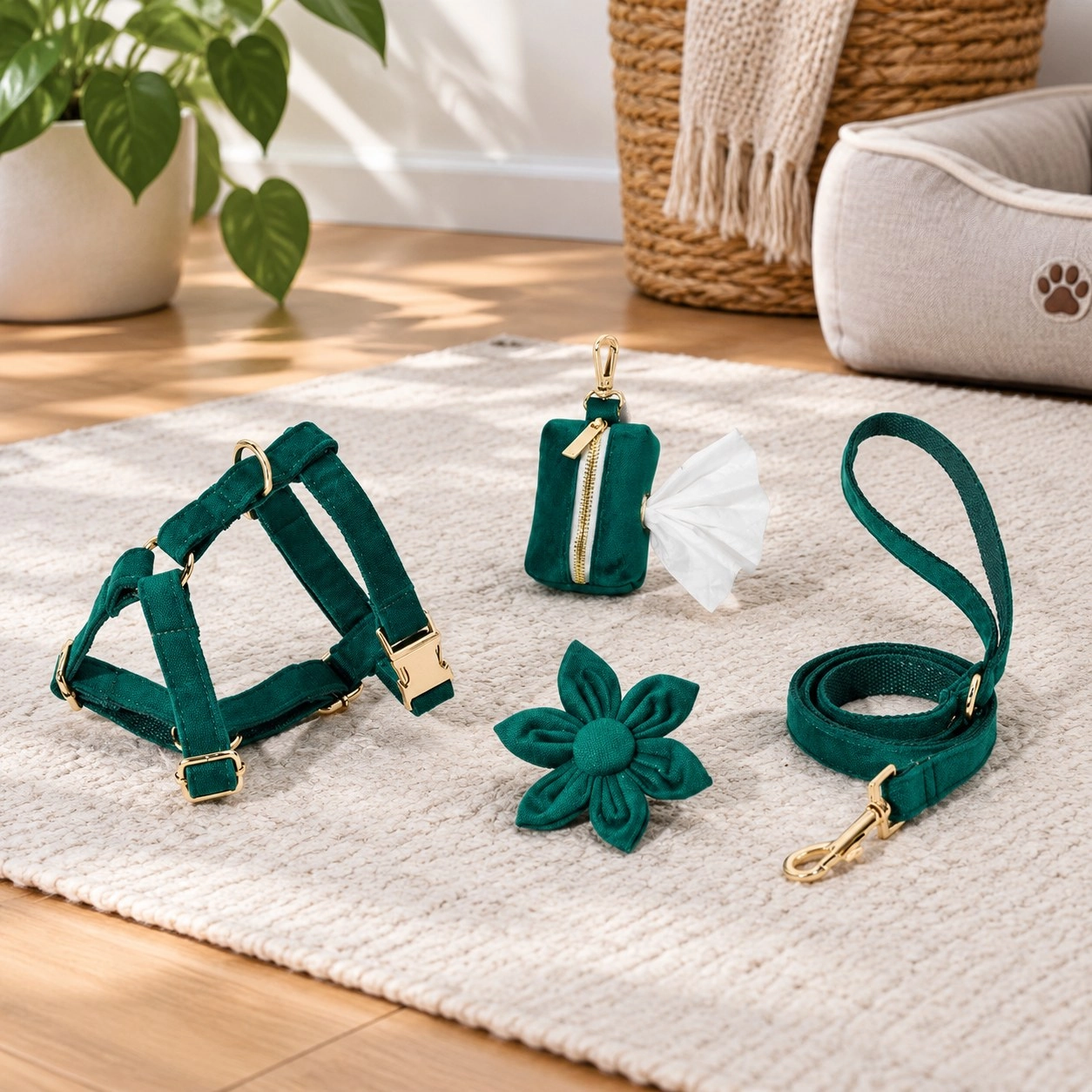 Pawsome Pets New York ENSEMBLE FLORAL STEP IN - VERT FONCÉ (4 pièces) — Colliers, laisses et harnais