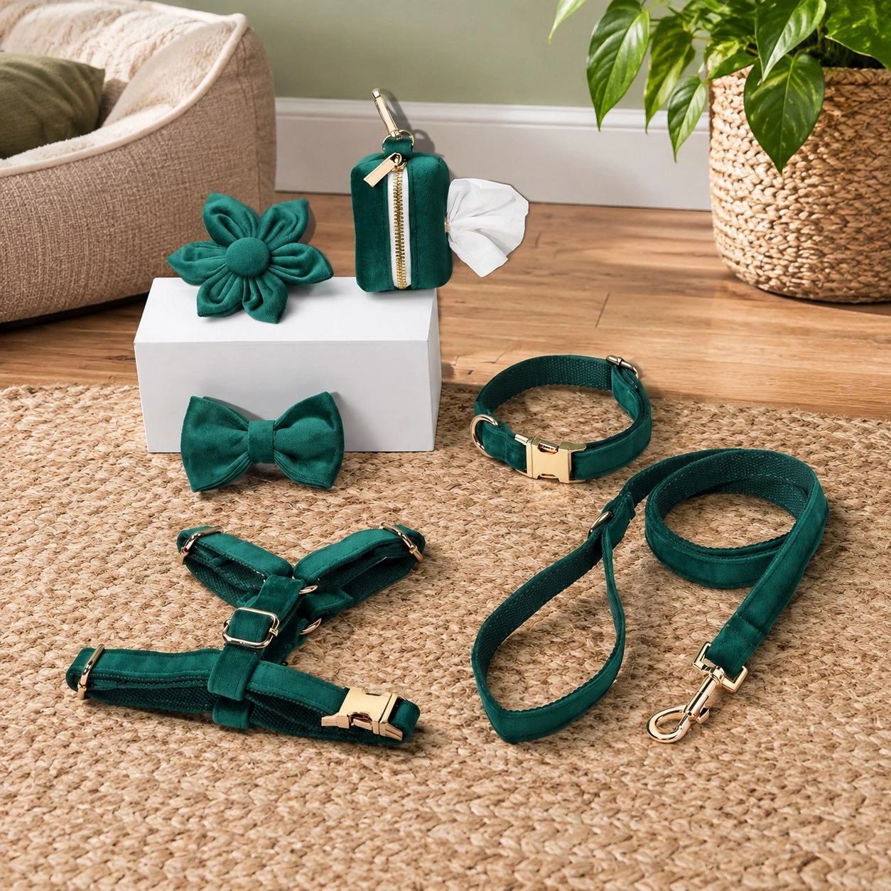 Pawsome Pets New York ENSEMBLE FLORAL STEP IN - VERT FONCÉ (6 pièces) — Colliers, laisses et harnais