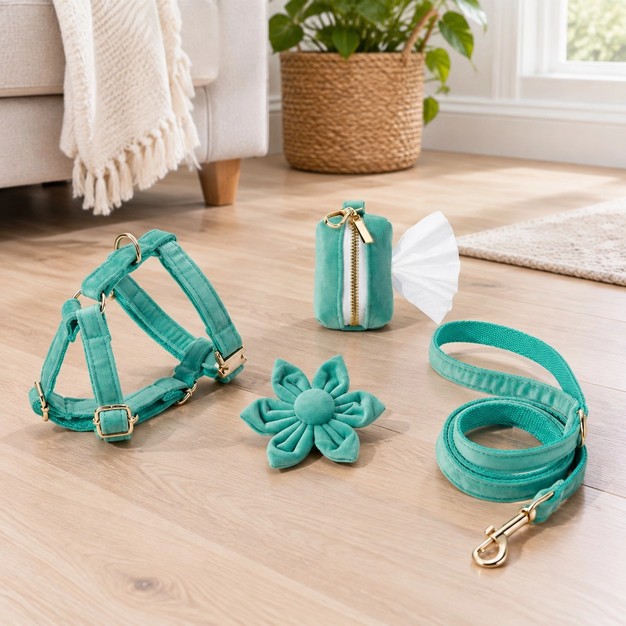 Pawsome Pets New York ENSEMBLE FLORAL STEP IN - Vert (4 pièces) — Colliers, laisses et harnais