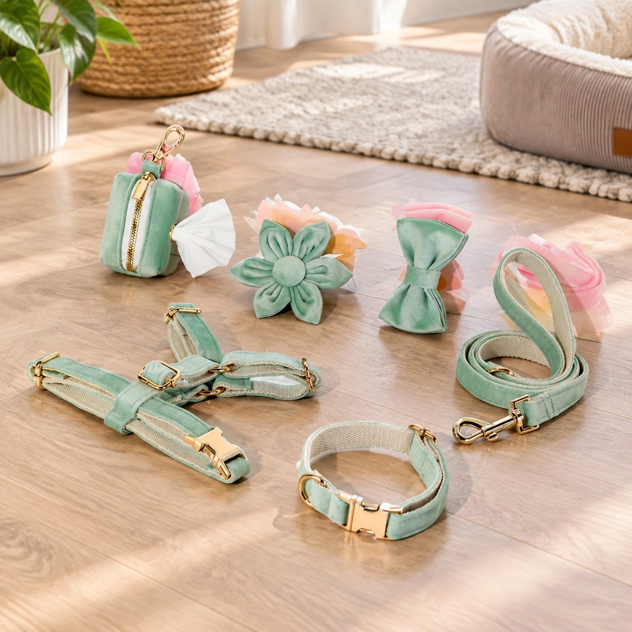 Pawsome Pets New York ENSEMBLE FLORAL STEP IN - VERT MENTHE CLAIR (6 pièces) — Colliers, laisses et harnais