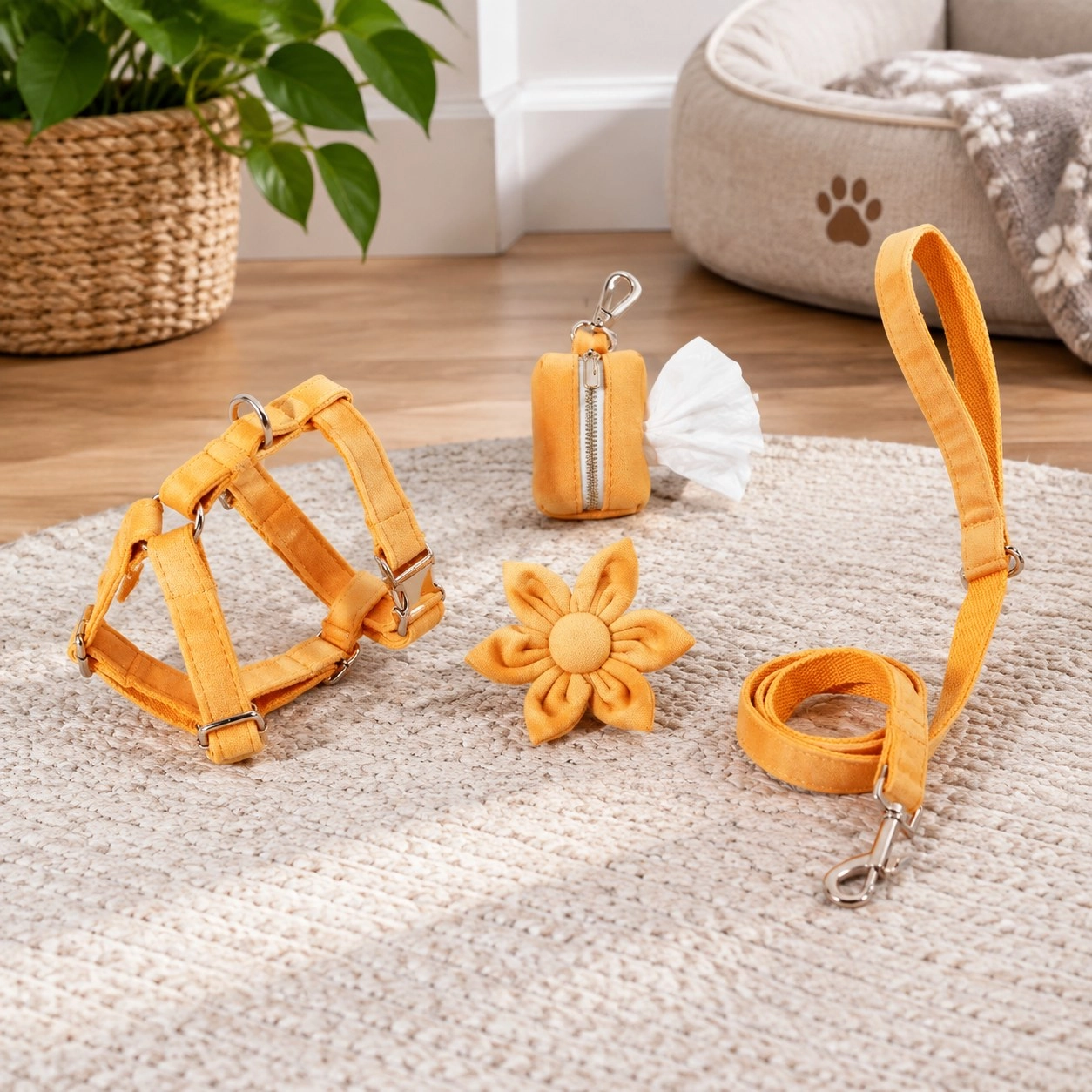 Pawsome Pets New York ENSEMBLE FLORAL STEP IN - ORANGE CLAIR (4 pièces) — Colliers, laisses et harnais