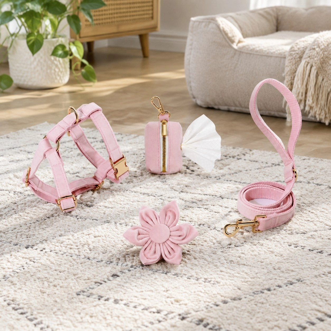 Pawsome Pets New York ENSEMBLE FLORAL STEP-IN - ROSE CLAIR (4 pièces) — Colliers, laisses et harnais
