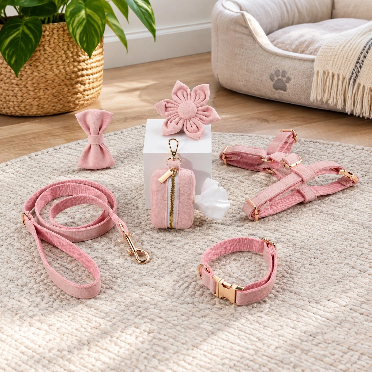 Pawsome Pets New York ENSEMBLE FLORAL STEP IN - ROSE CLAIR (6 pièces) — Colliers, laisses et harnais