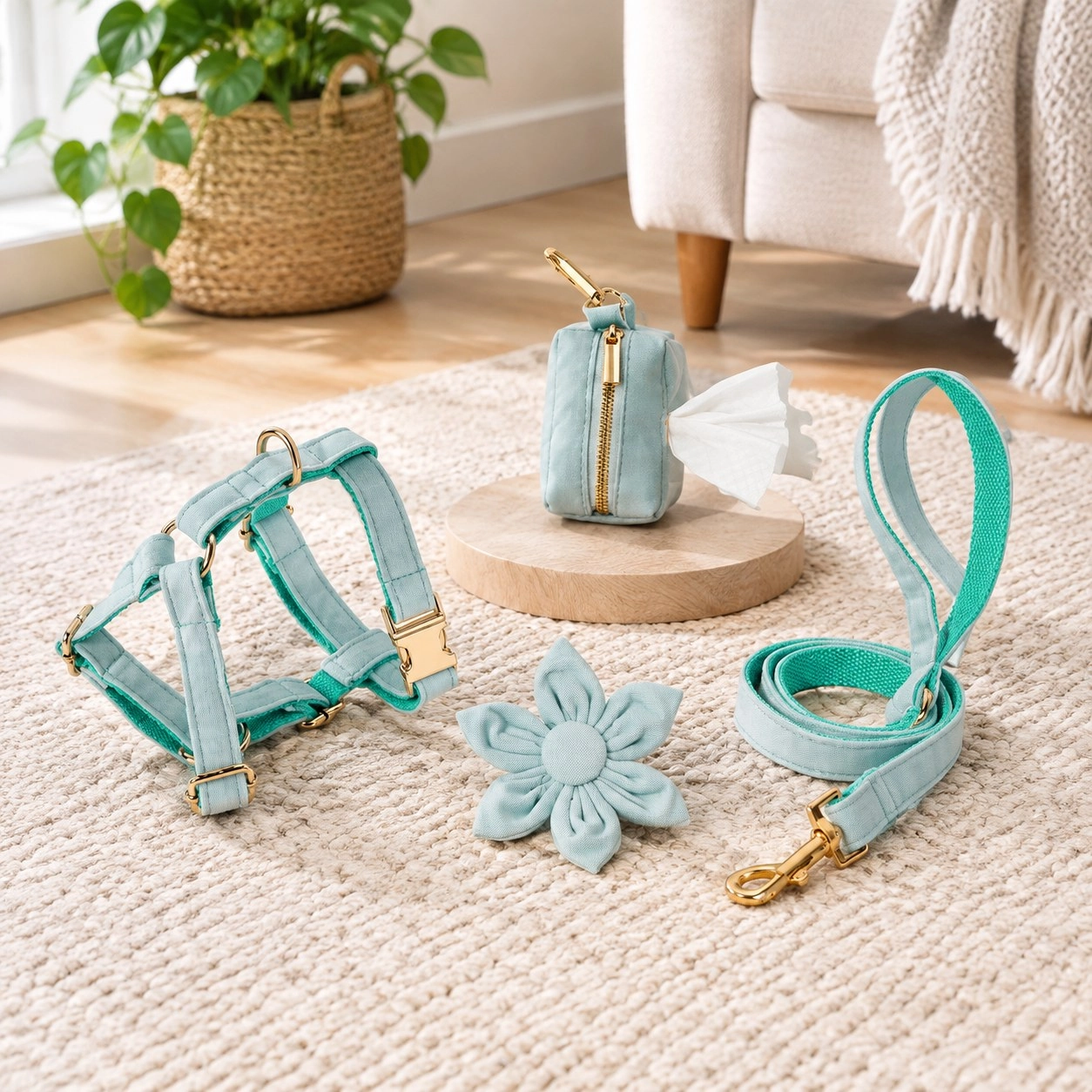 Pawsome Pets New York ENSEMBLE FLORAL STEP IN - VERT MENTHE (4 pièces) — Colliers, laisses et harnais