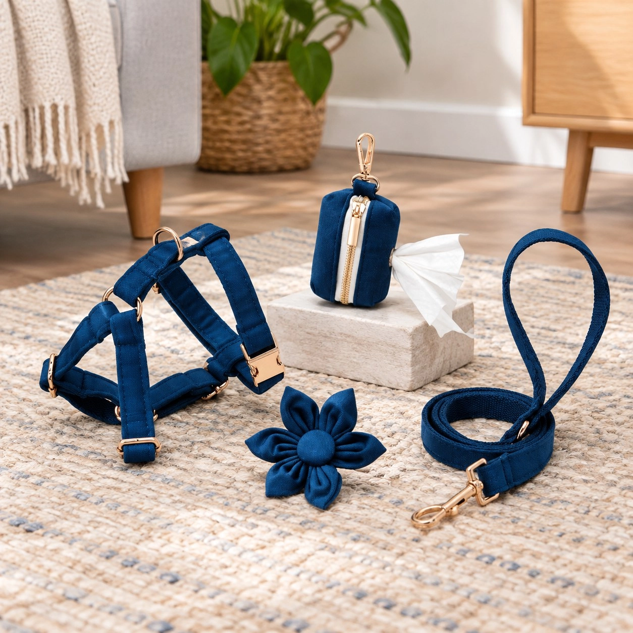Pawsome Pets New York ENSEMBLE FLORAL STEP IN - BLEU MARIN (4 pièces) — Colliers, laisses et harnais