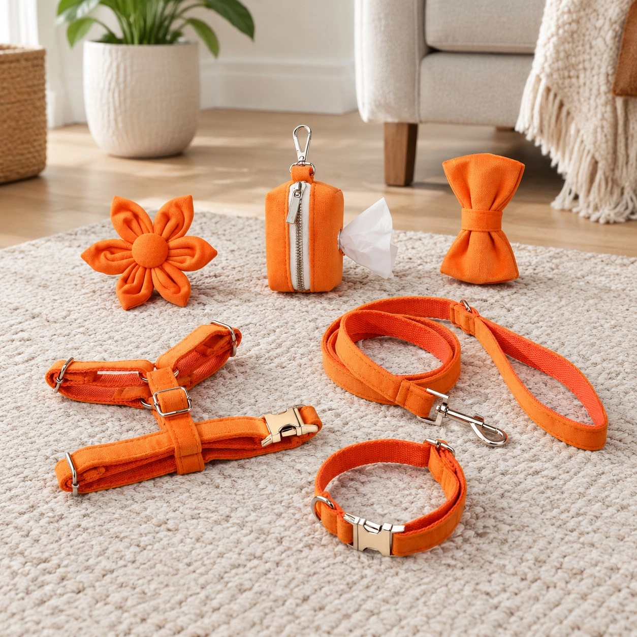 Pawsome Pets New York ENSEMBLE FLORAL STEP IN - ORANGE (6 pièces) — Colliers, laisses et harnais