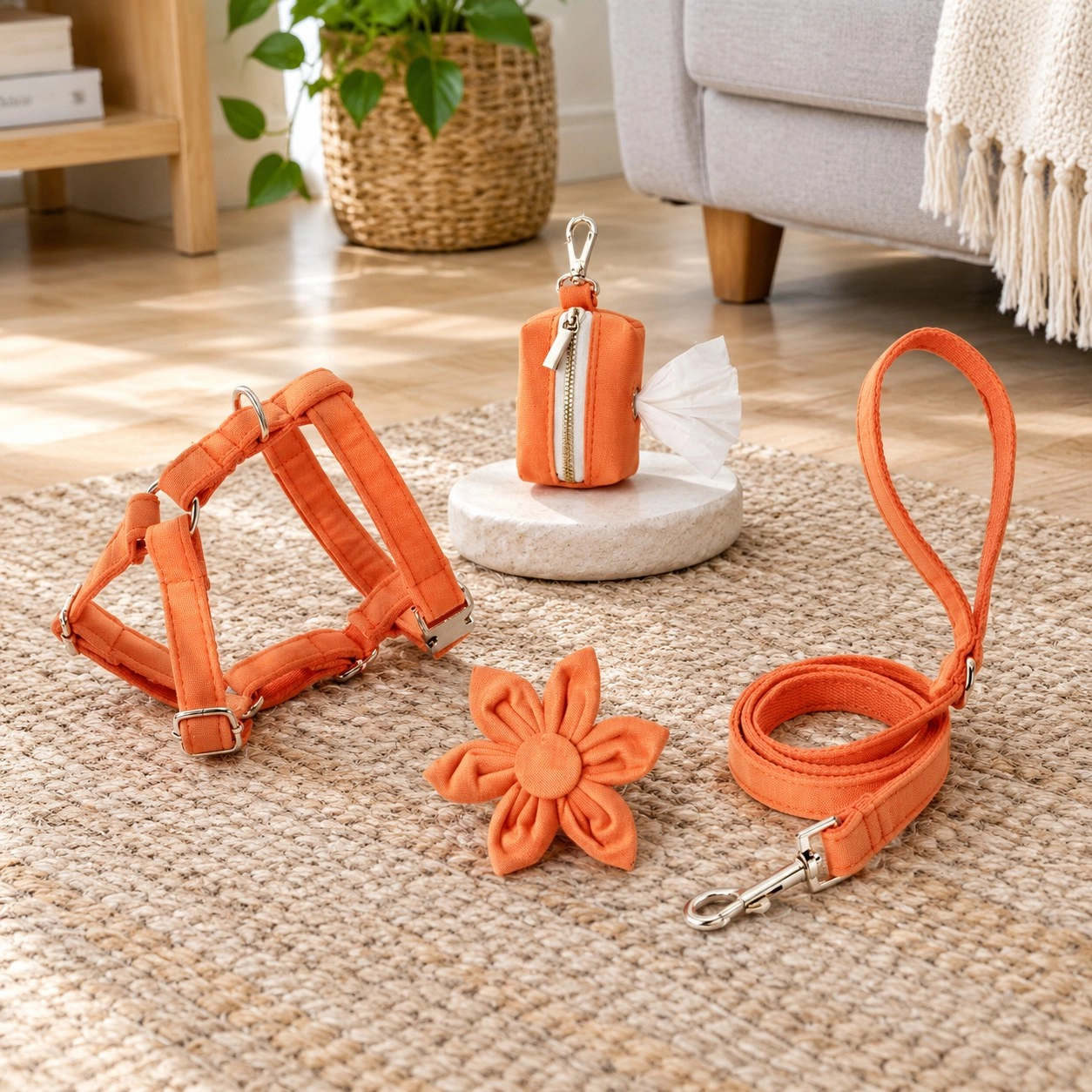 Pawsome Pets New York ENSEMBLE FLORAL STEP IN - ORANGE(4 pièces) — Colliers, laisses et harnais