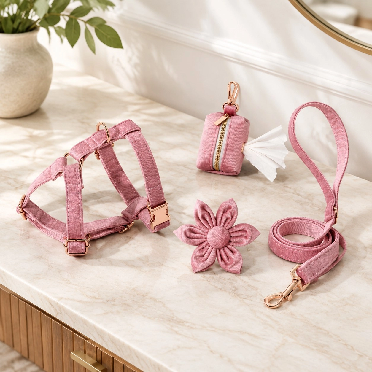 Pawsome Pets New York ENSEMBLE FLORAL STEP IN - ROSE (4 pièces) — Colliers, laisses et harnais