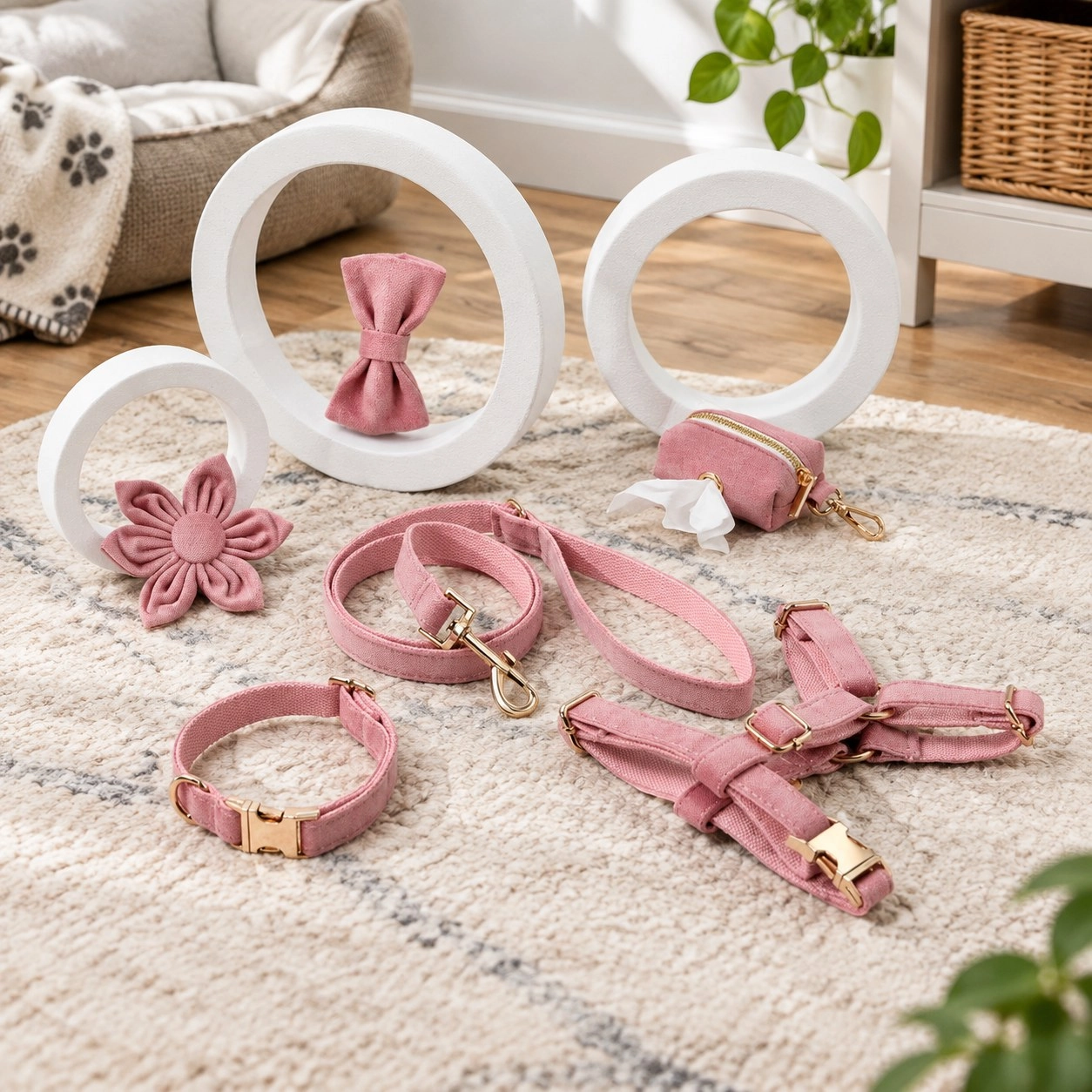 Pawsome Pets New York ENSEMBLE FLORAL STEP IN - ROSE (6 pièces) — Colliers, laisses et harnais